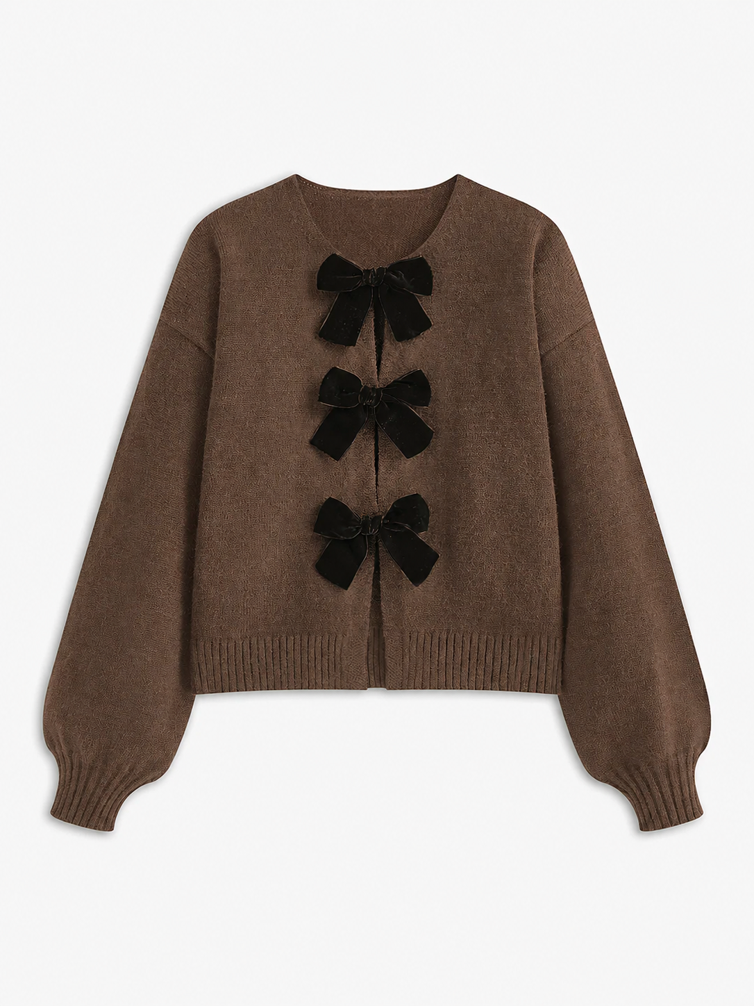 Velvet Bow Puff Sleeve Knit Sweater