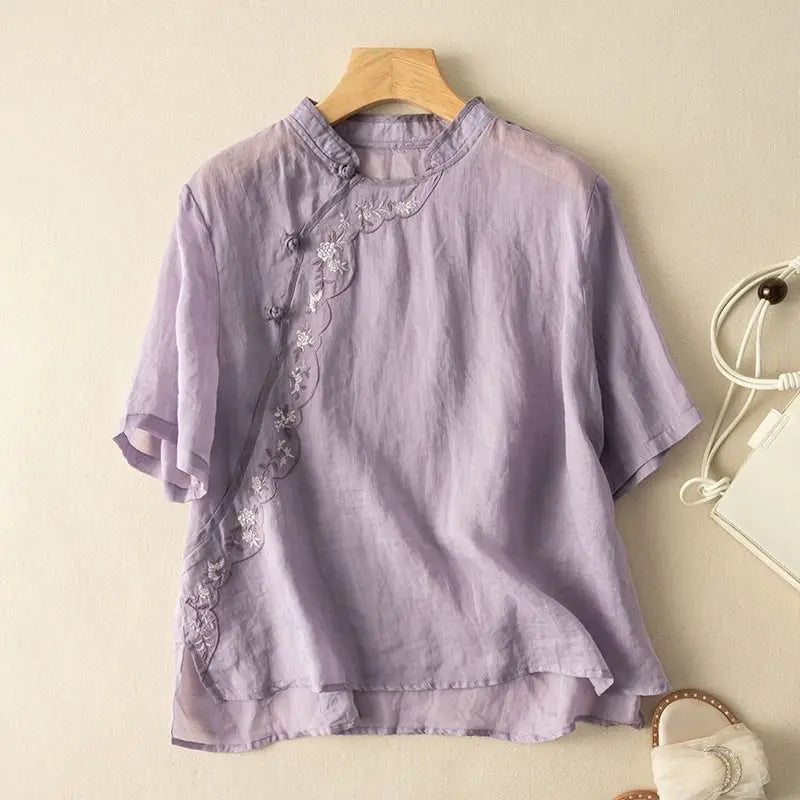 Cropped Cotton-Linen Patch Detail Shirt