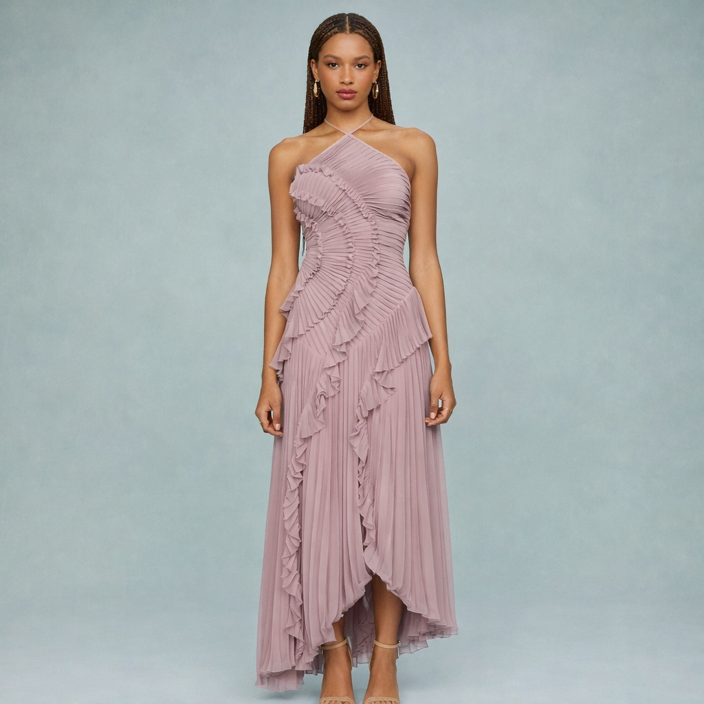 Pleated Halter Ruffle Maxi Dress