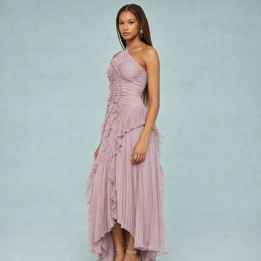 Pleated Halter Ruffle Maxi Dress