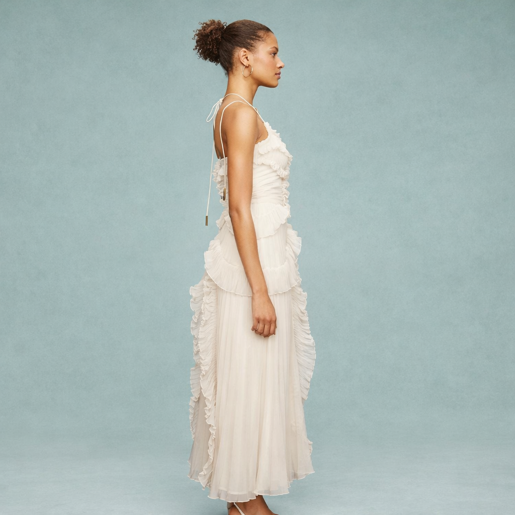 Pleated Halter Ruffle Maxi Dress