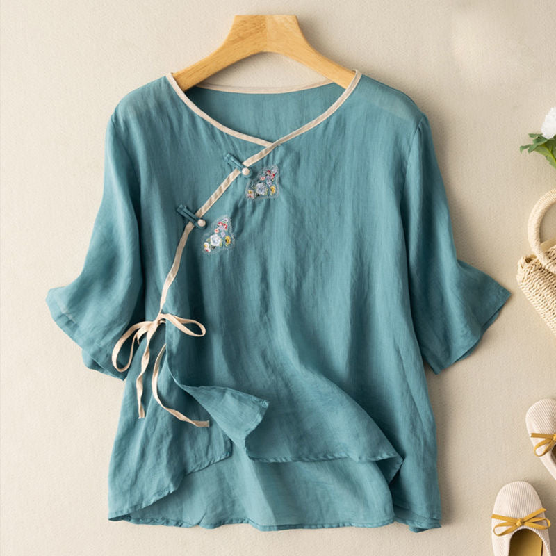 Relaxed Cotton-Linen Patch Detail Shirt