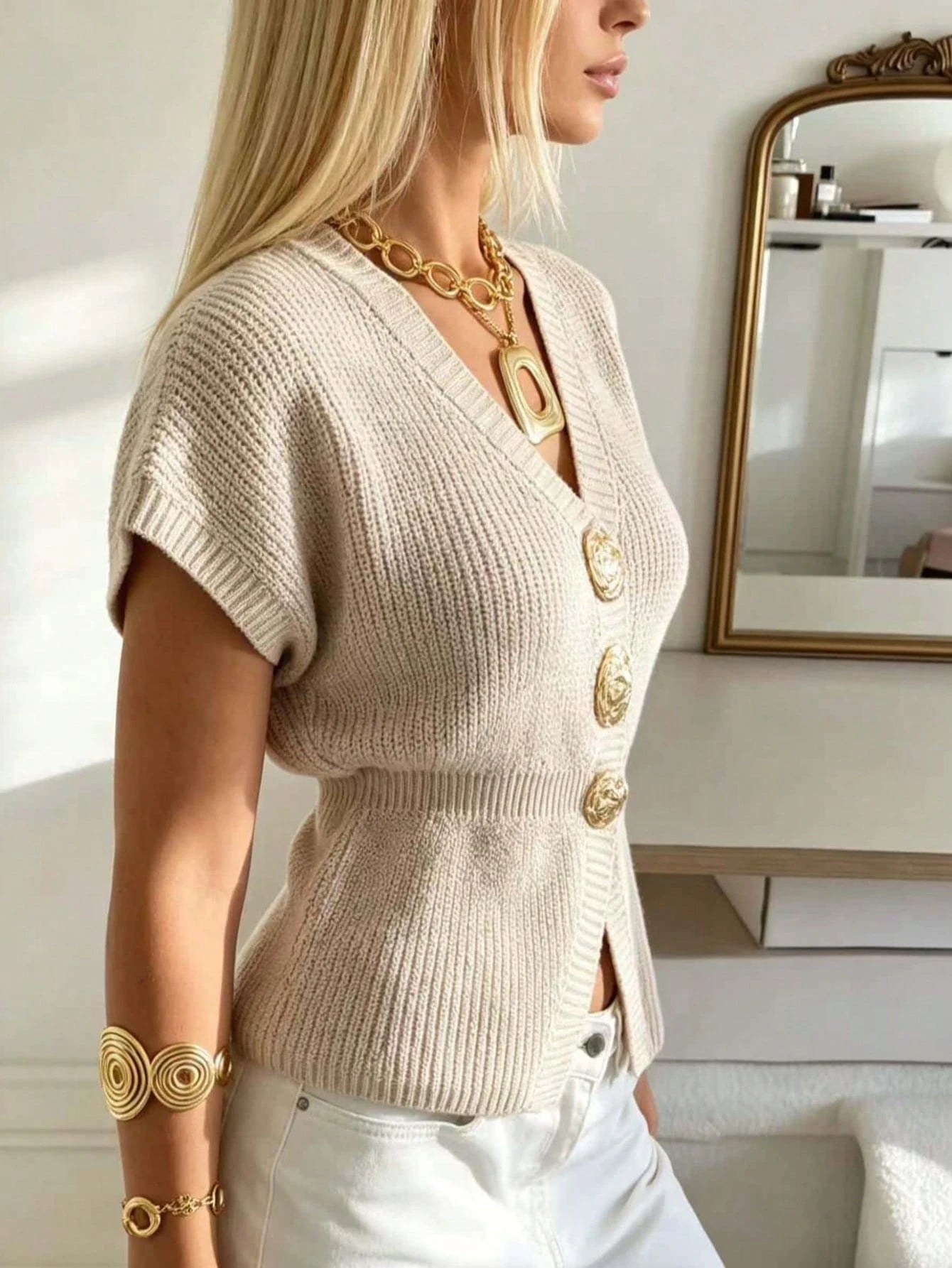 Deep Gold Button Knit Cardigan