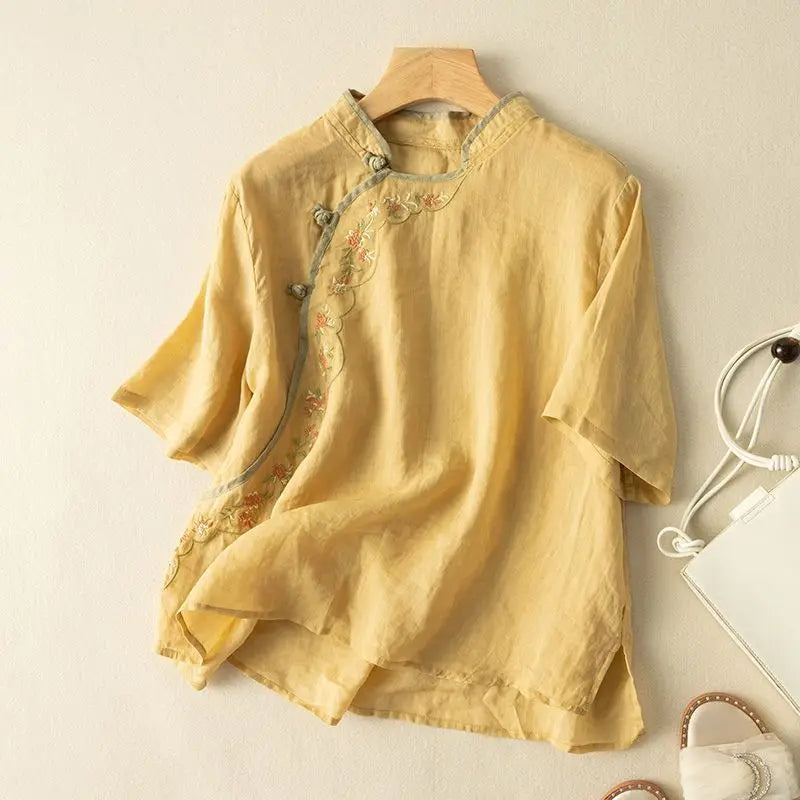 Cropped Cotton-Linen Patch Detail Shirt