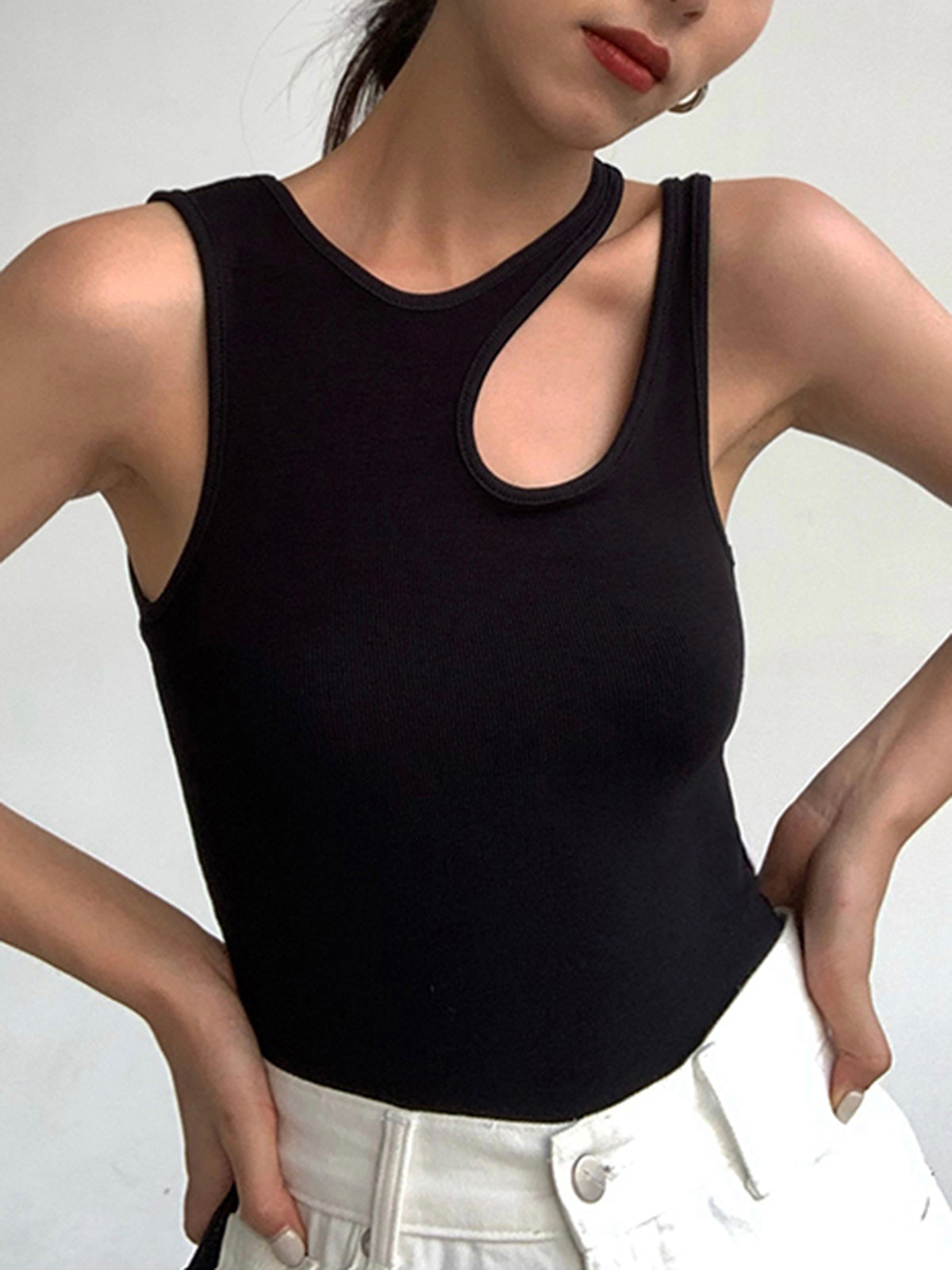Ribbed Cutout Sheer Knit Tank