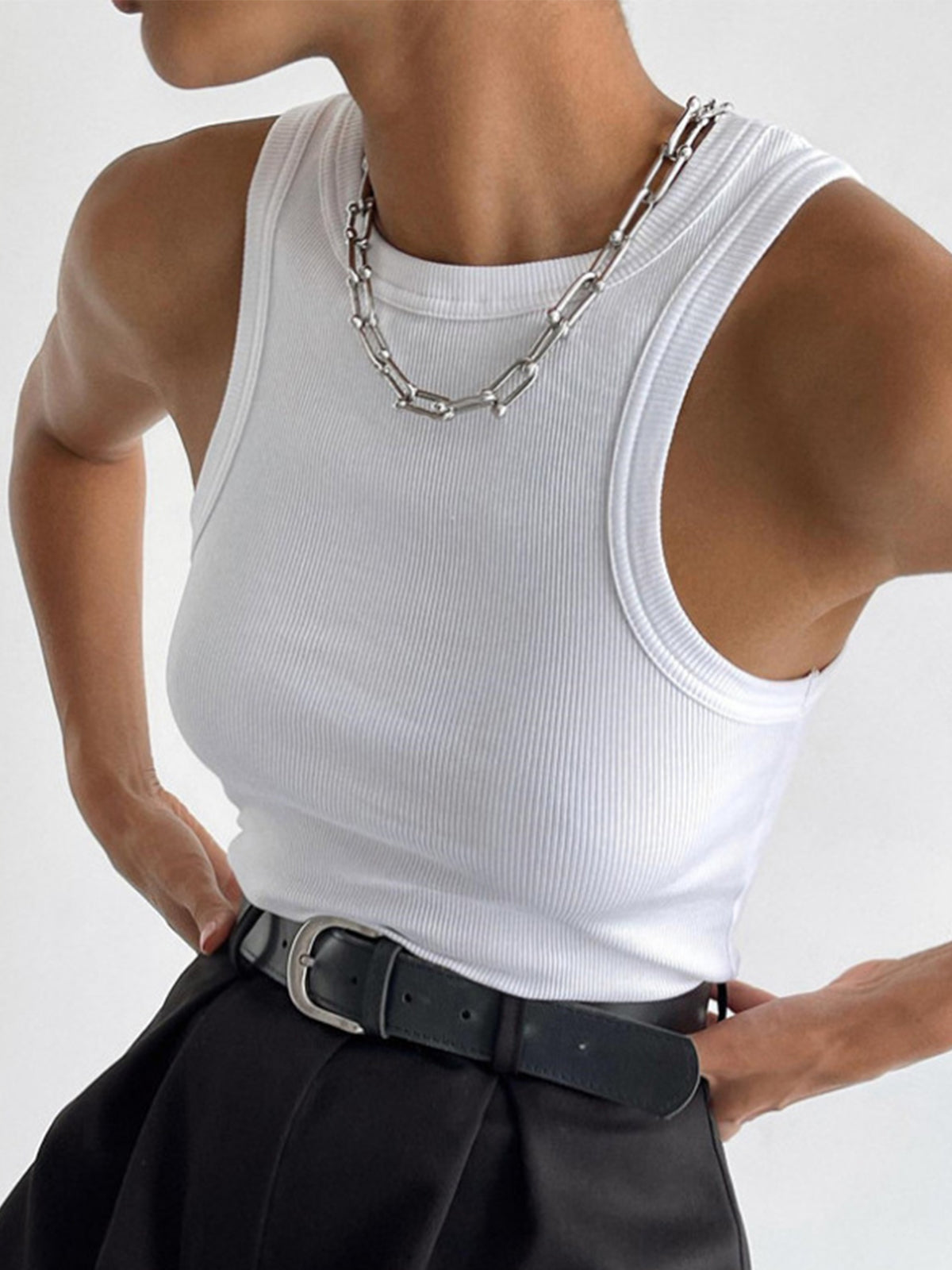 Ribbed Crew Neck Cropped Tank Top