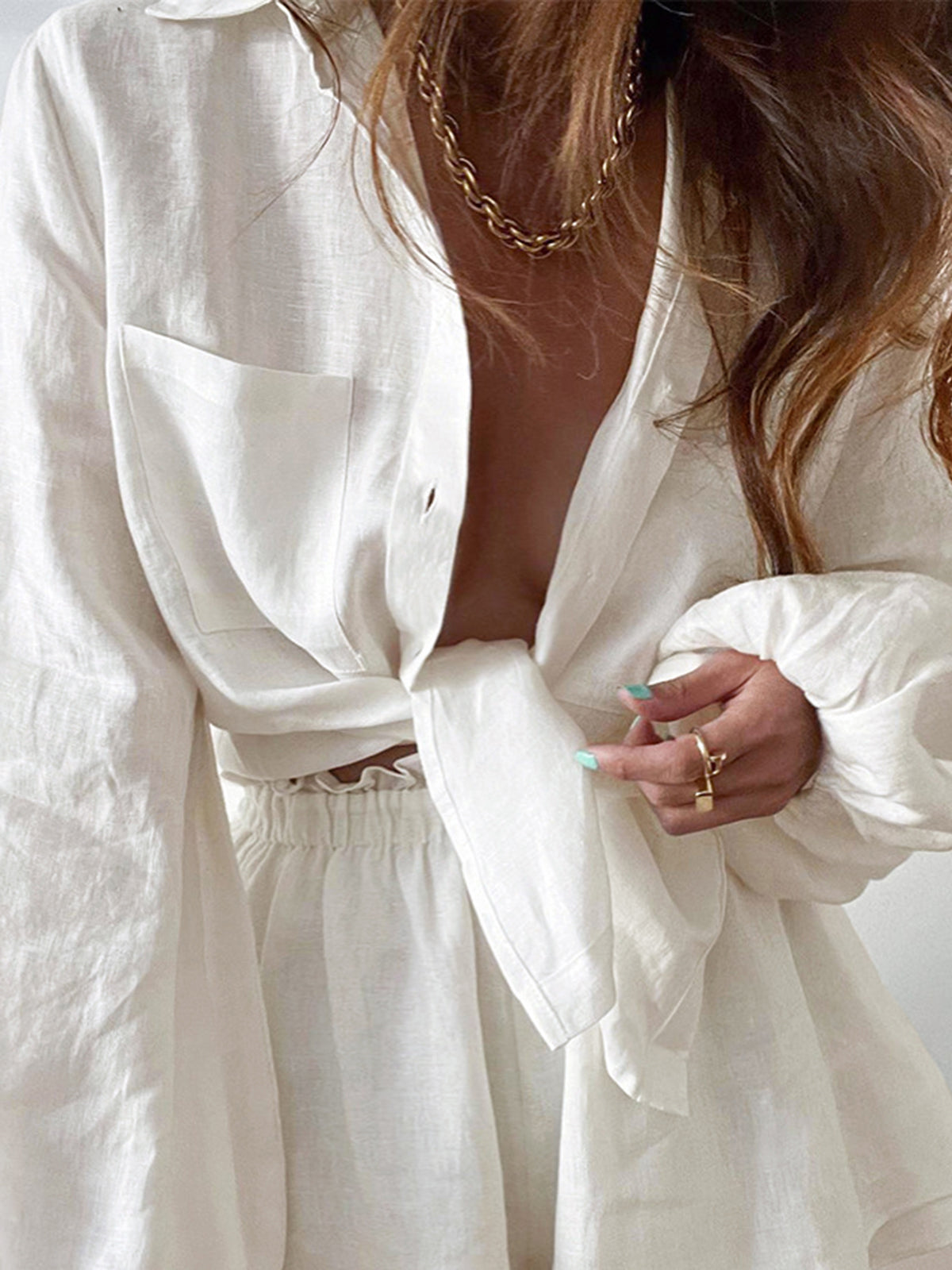 Relaxed Linen Blend Button-Up Shorts Set
