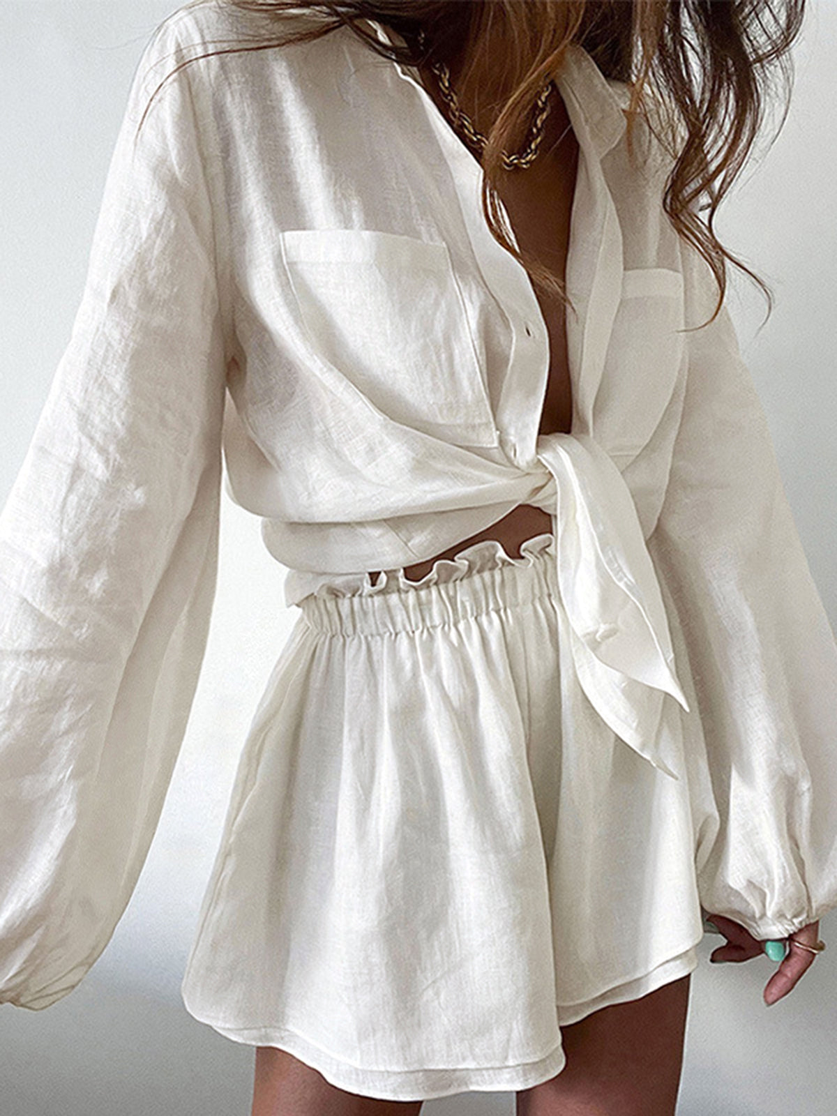 Relaxed Linen Blend Button-Up Shorts Set