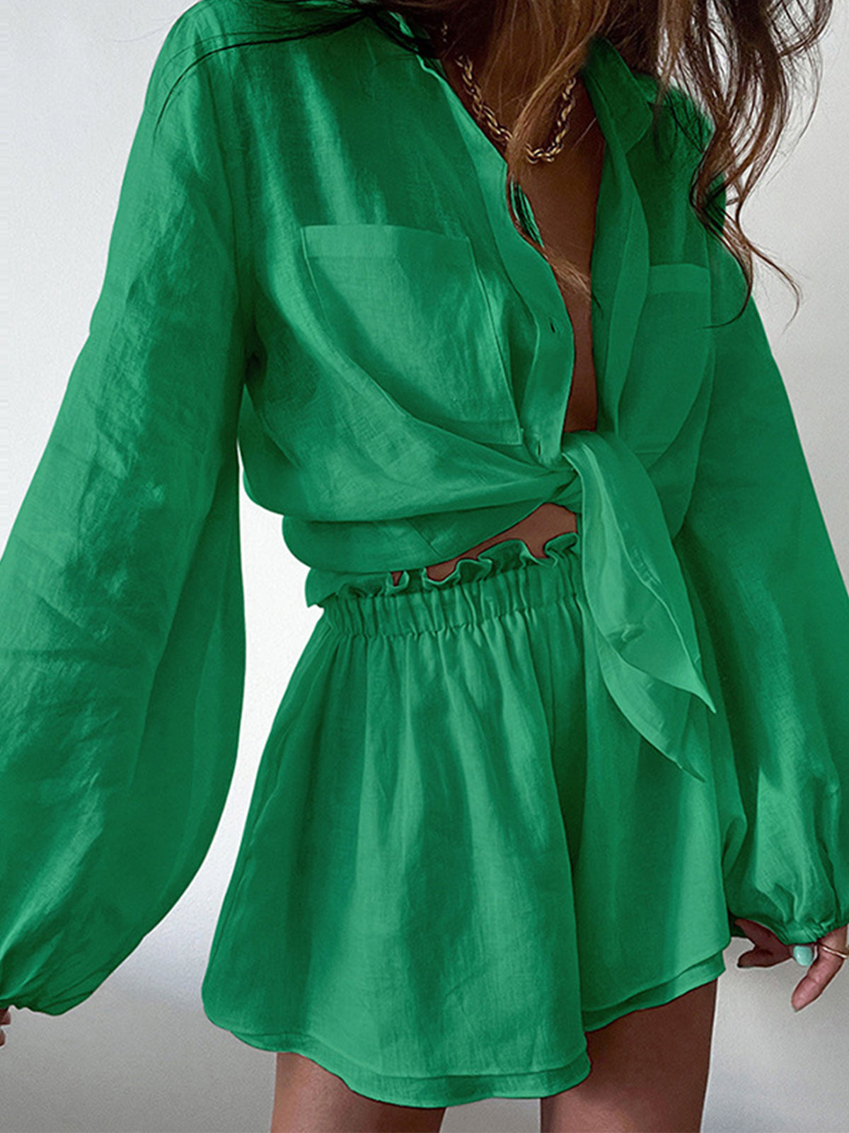 Relaxed Linen Blend Button-Up Shorts Set