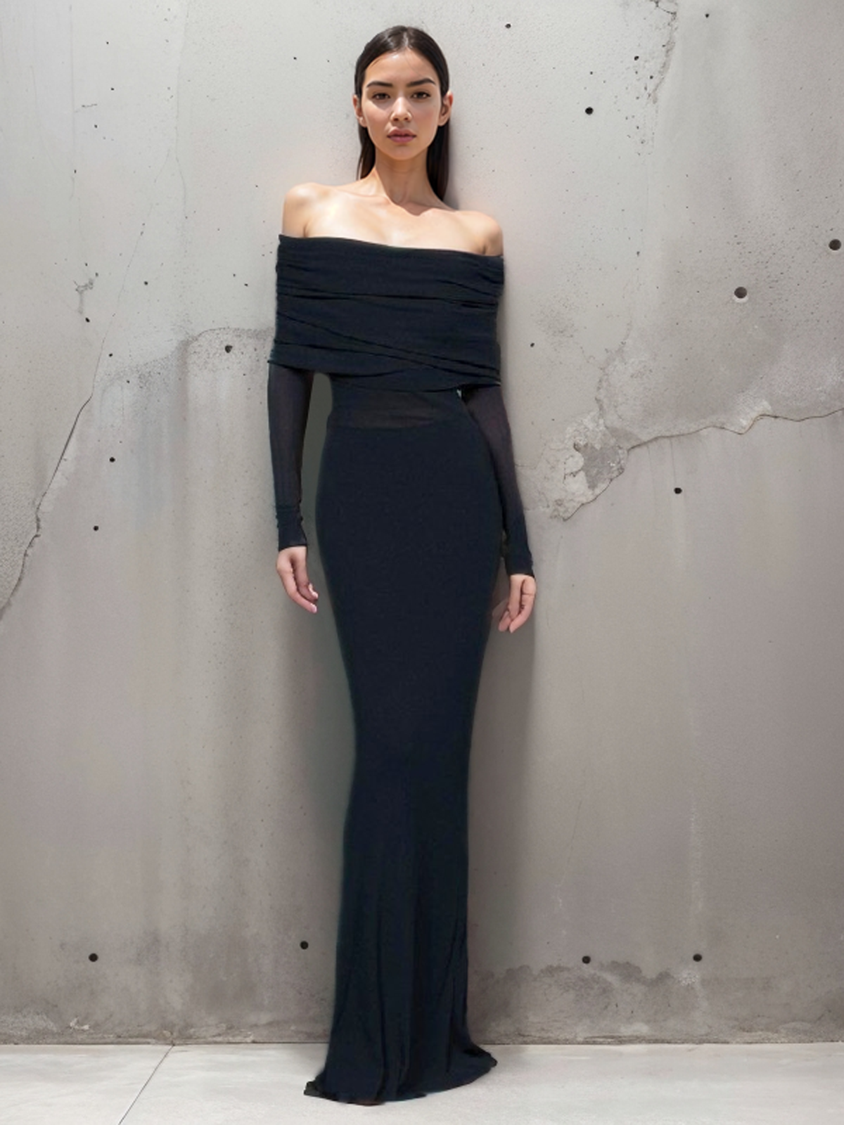 Off-Shoulder Sheer Mesh Maxi Dress