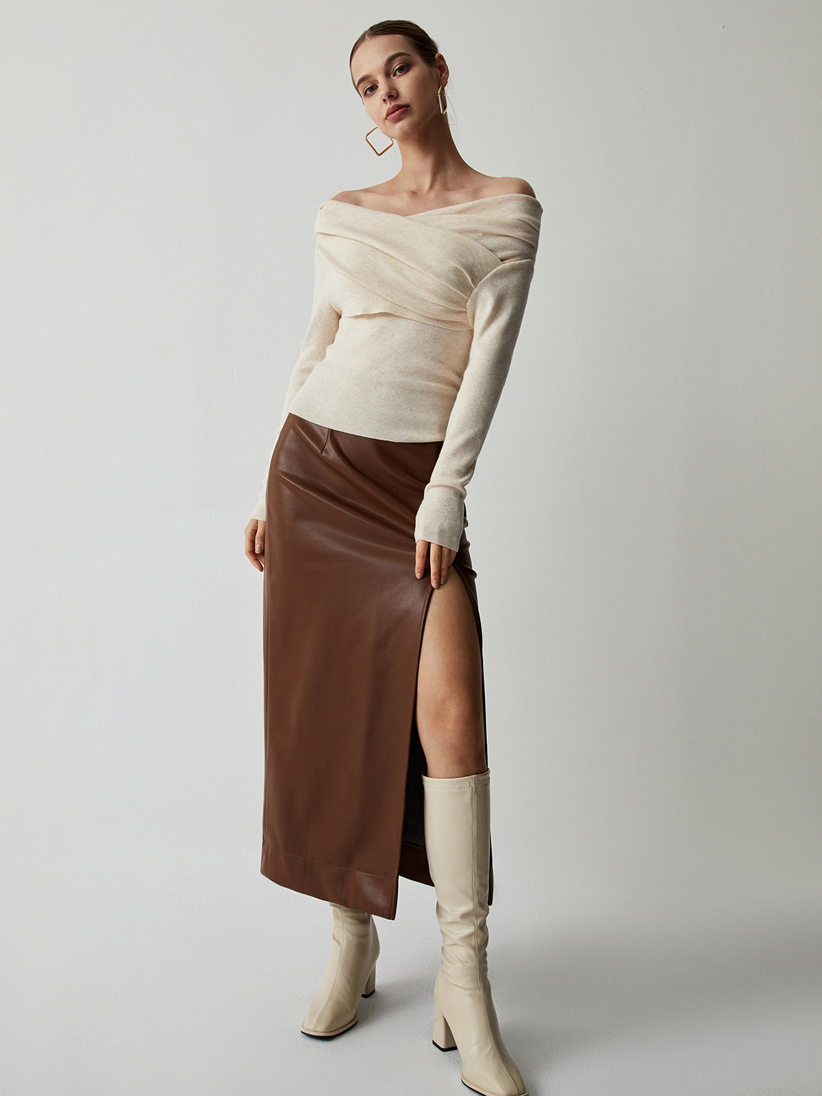 Off-Shoulder Wrap Knit Long Sleeve Top