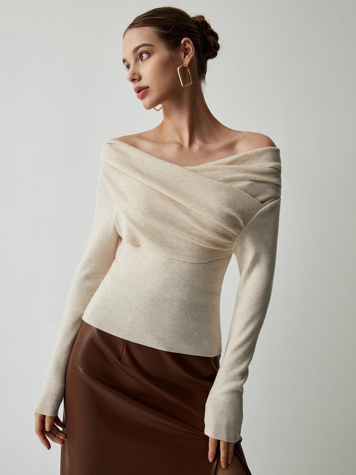 Off-Shoulder Wrap Knit Long Sleeve Top