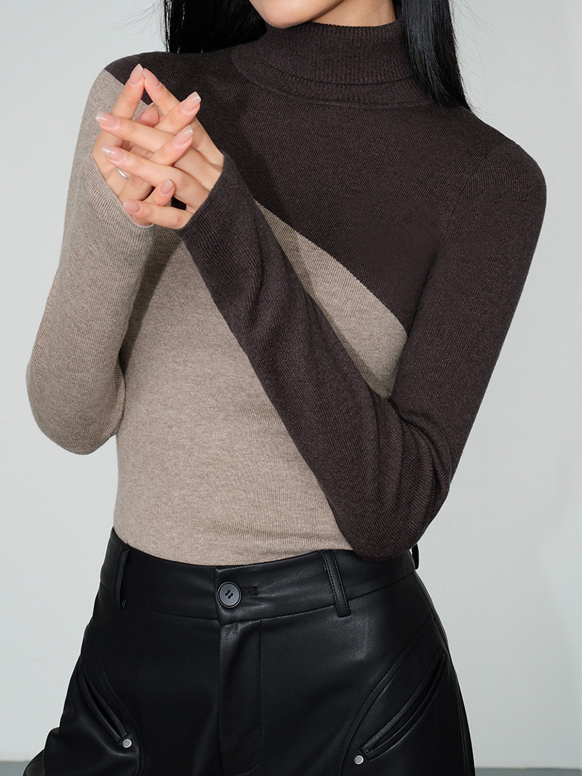 Asymmetric Colorblock Mock Neck Knit Top