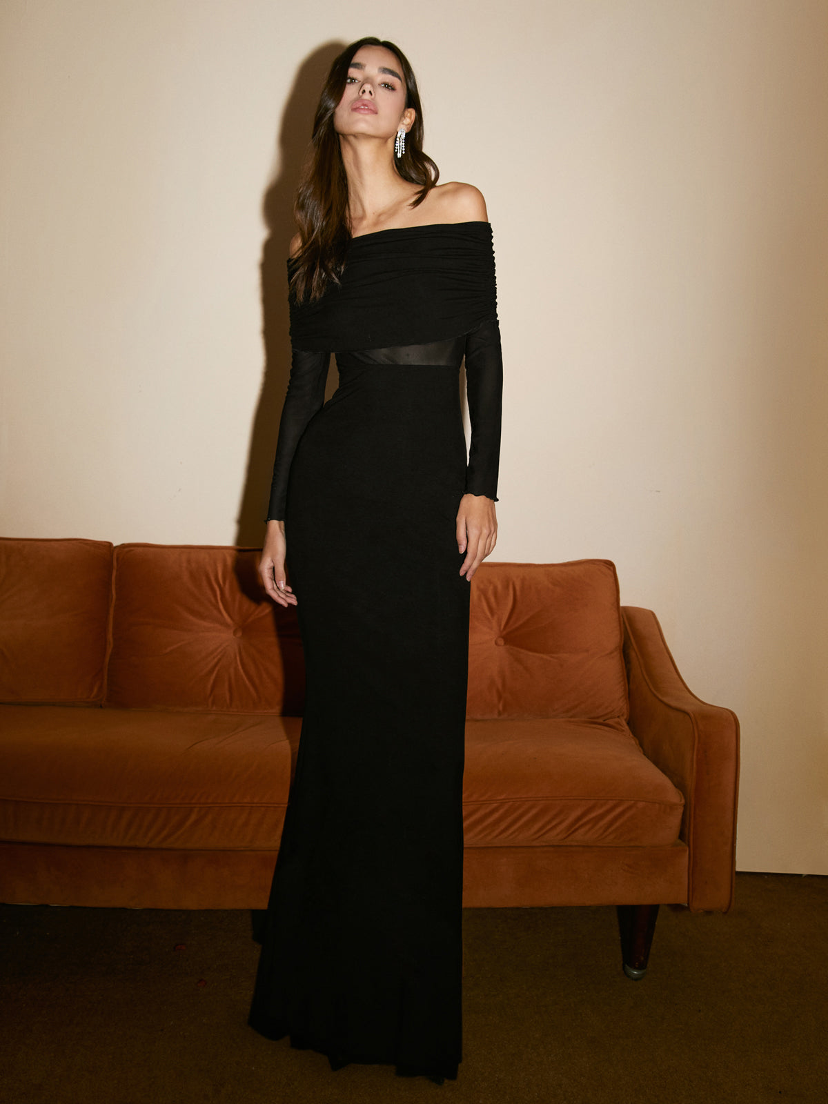 Off-Shoulder Sheer Mesh Maxi Dress