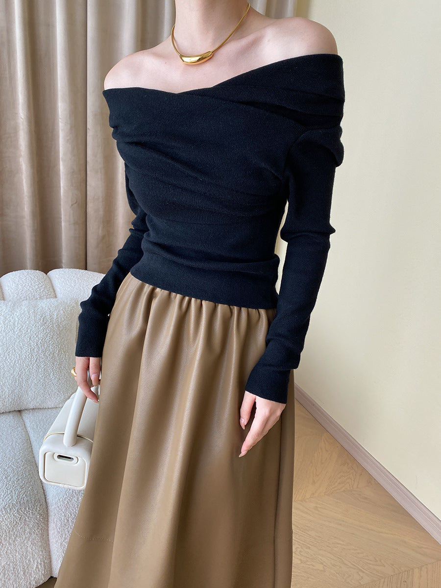 Off-Shoulder Wrap Knit Long Sleeve Top
