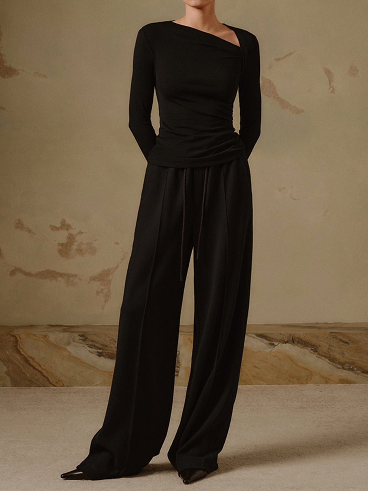 Ribbed Knit Asymmetric Long Sleeve Top