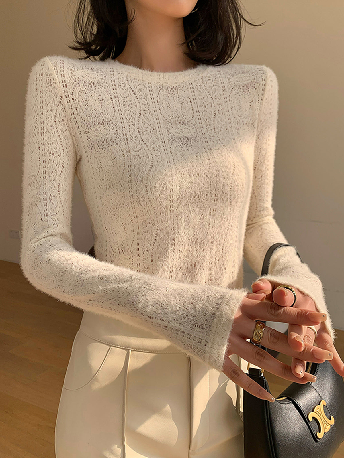 Floral Open-Knit Crew Neck Sweater Top