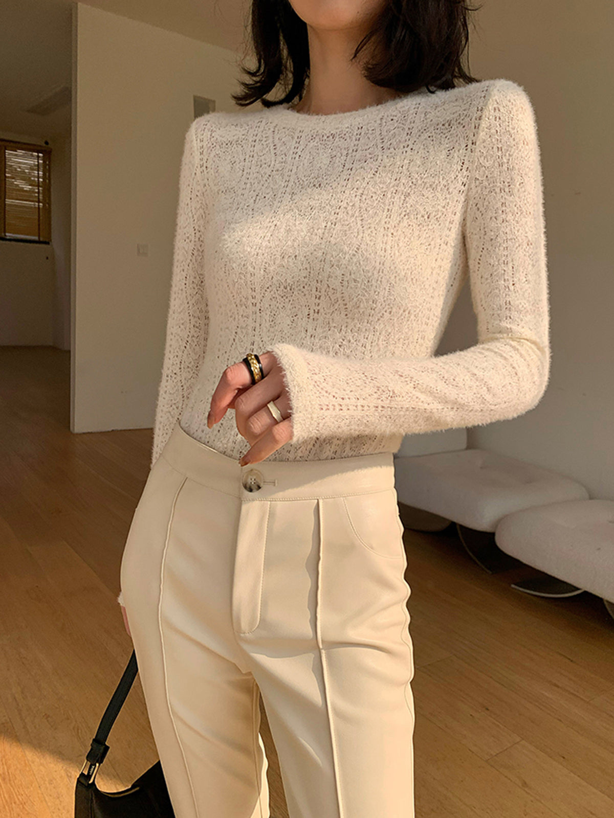 Floral Open-Knit Crew Neck Sweater Top