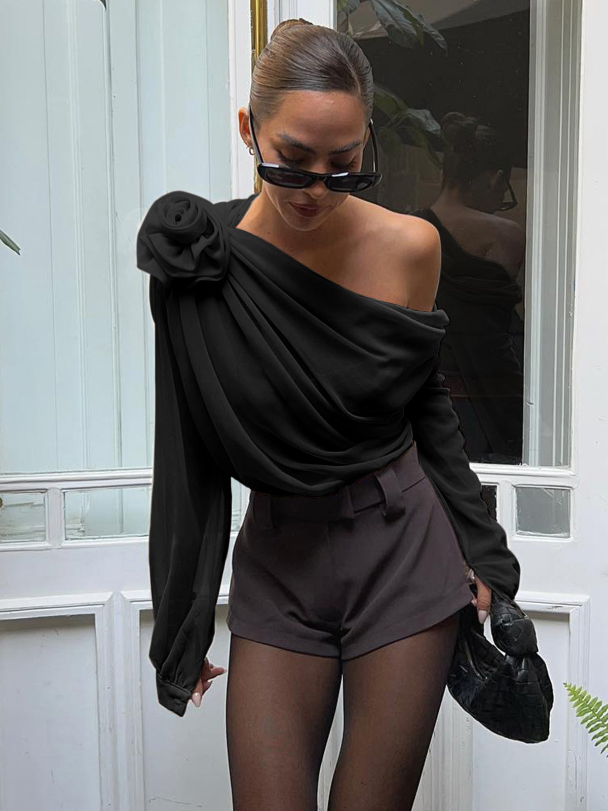 Asymmetrical One-Shoulder Chiffon Blouse