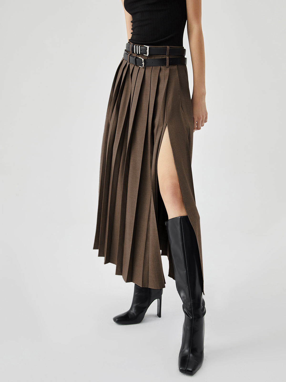 High-Waist Pleated Slit Maxi Skirt