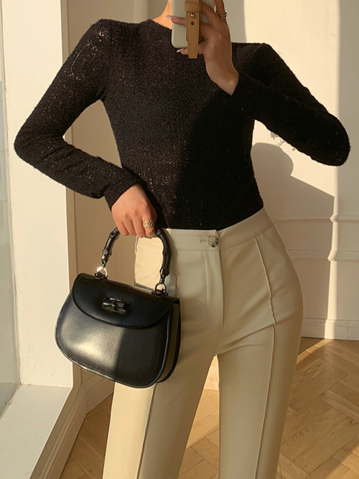 Floral Open-Knit Crew Neck Sweater Top