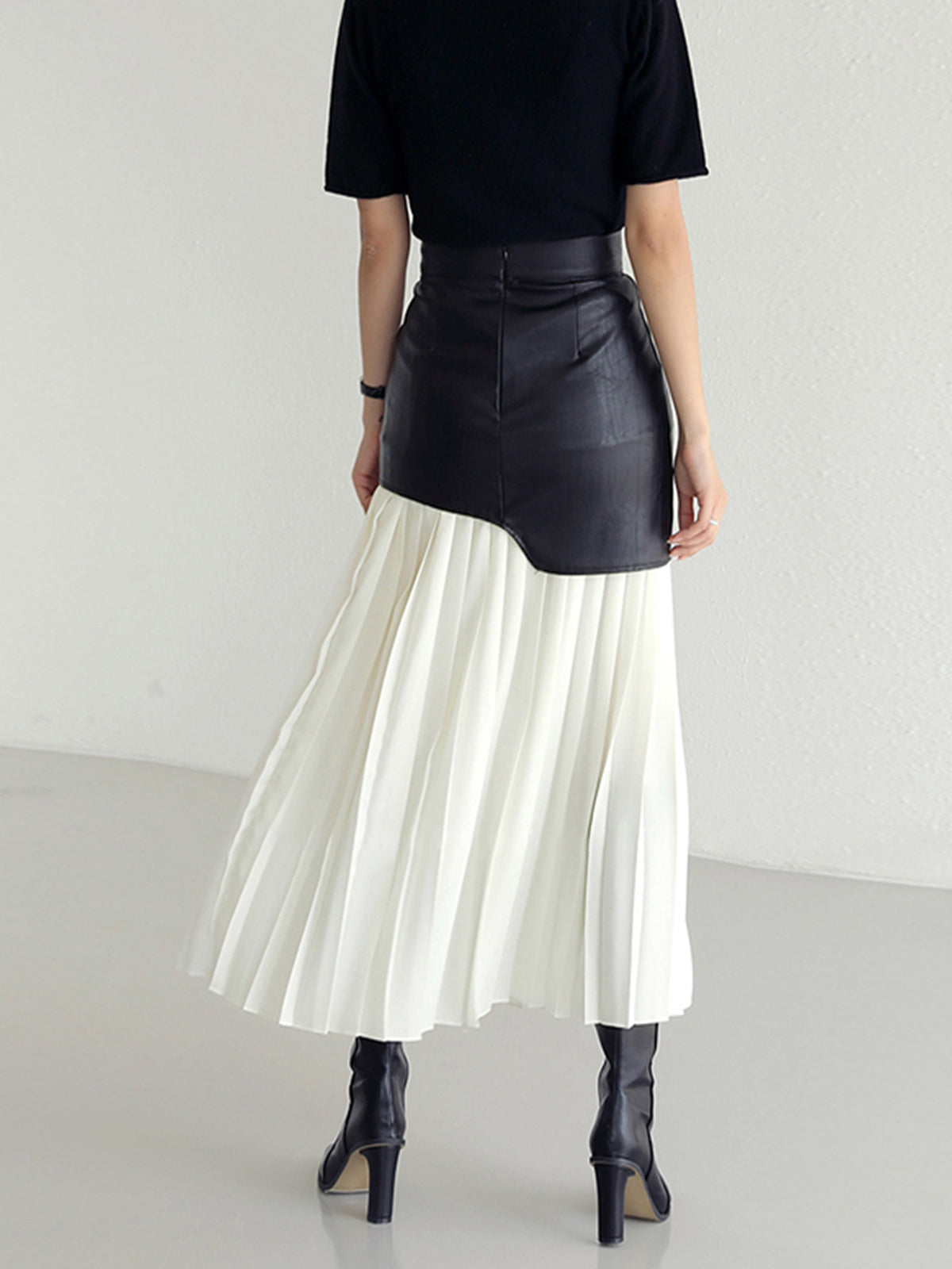 Asymmetric Faux Leather Chiffon Pleated Maxi Skirt