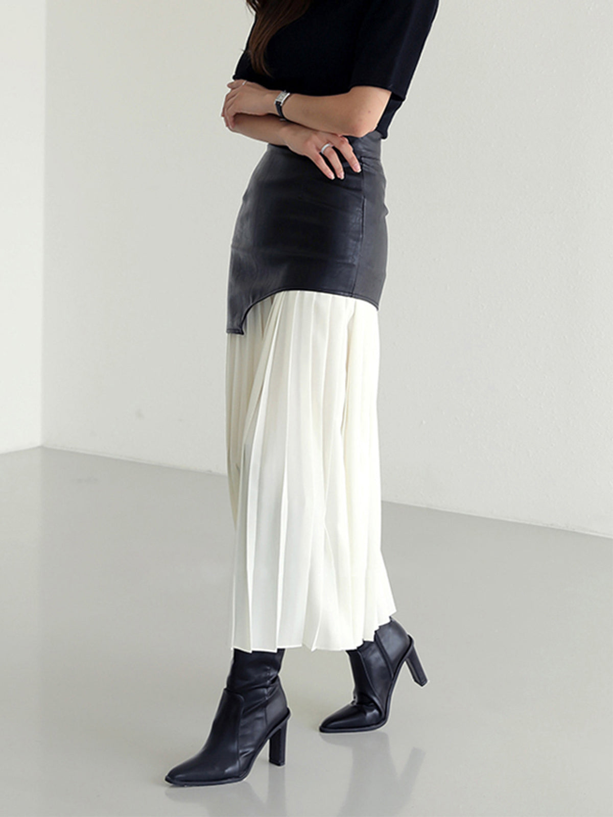 Asymmetric Faux Leather Chiffon Pleated Maxi Skirt