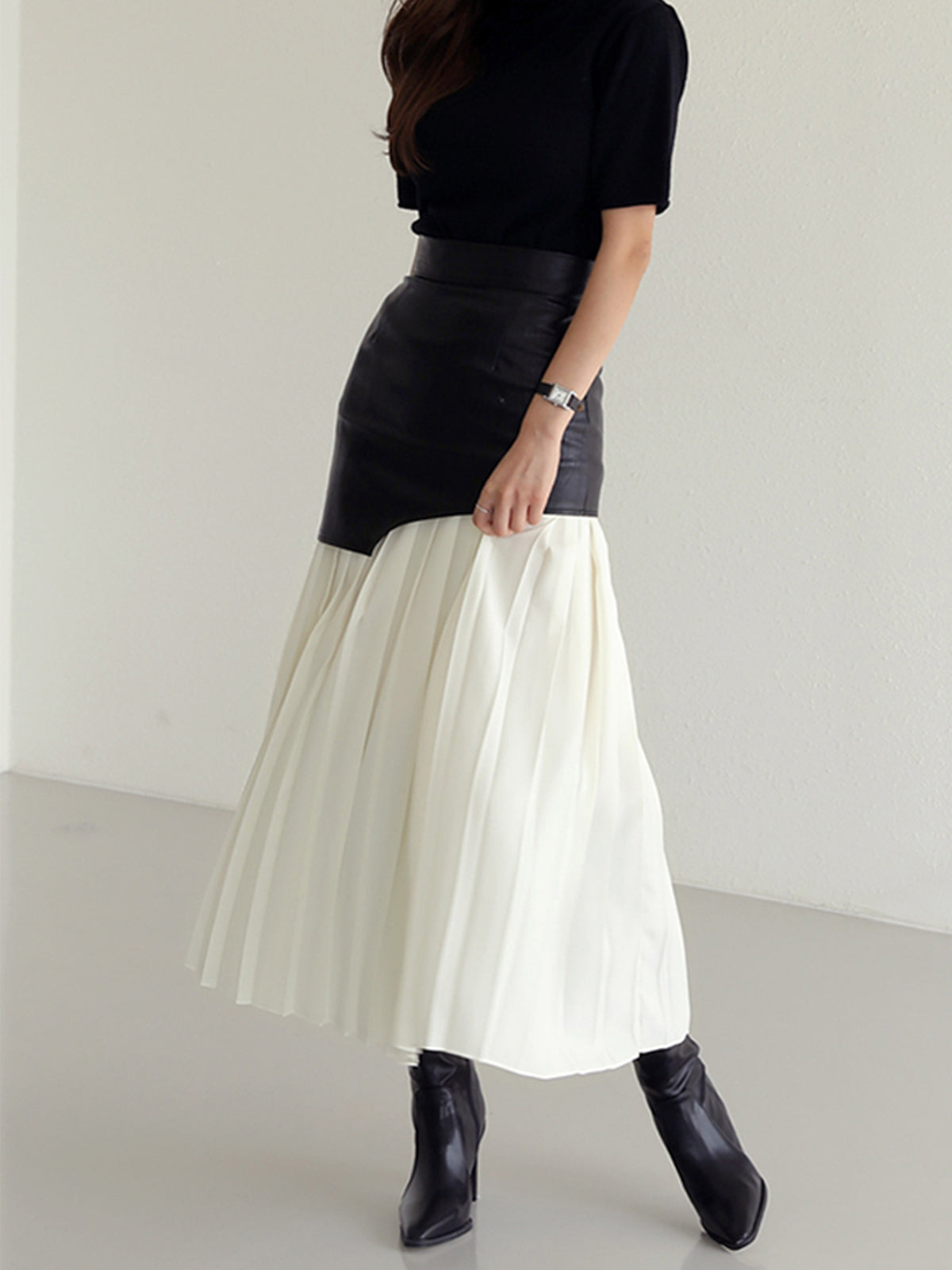 Asymmetric Faux Leather Chiffon Pleated Maxi Skirt