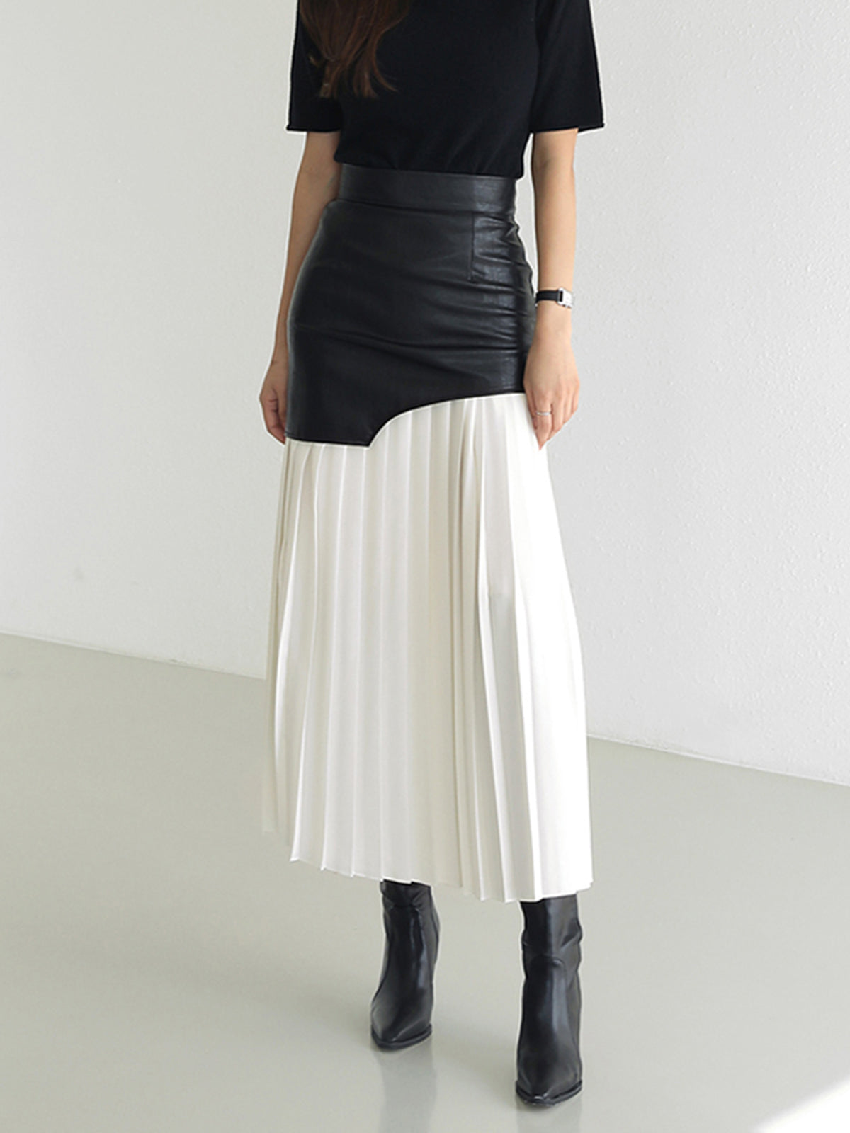 Asymmetric Faux Leather Chiffon Pleated Maxi Skirt