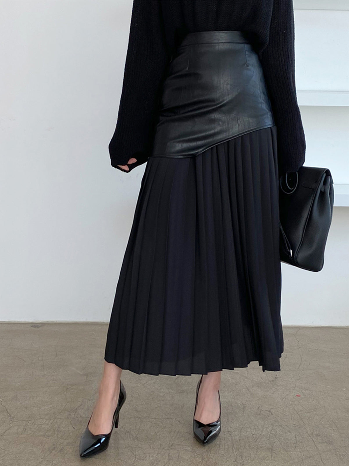 Asymmetric Faux Leather Chiffon Pleated Maxi Skirt