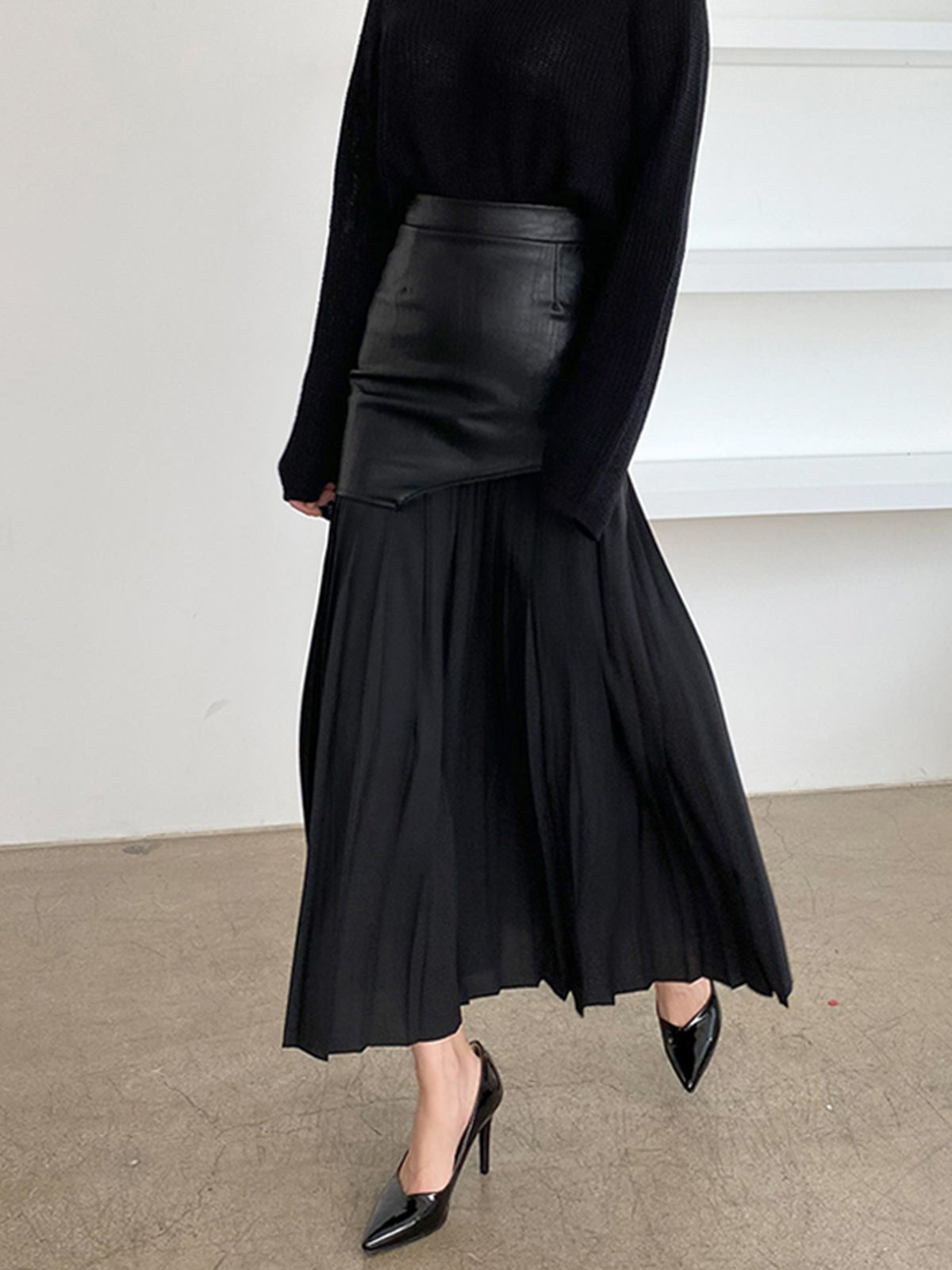 Asymmetric Faux Leather Chiffon Pleated Maxi Skirt