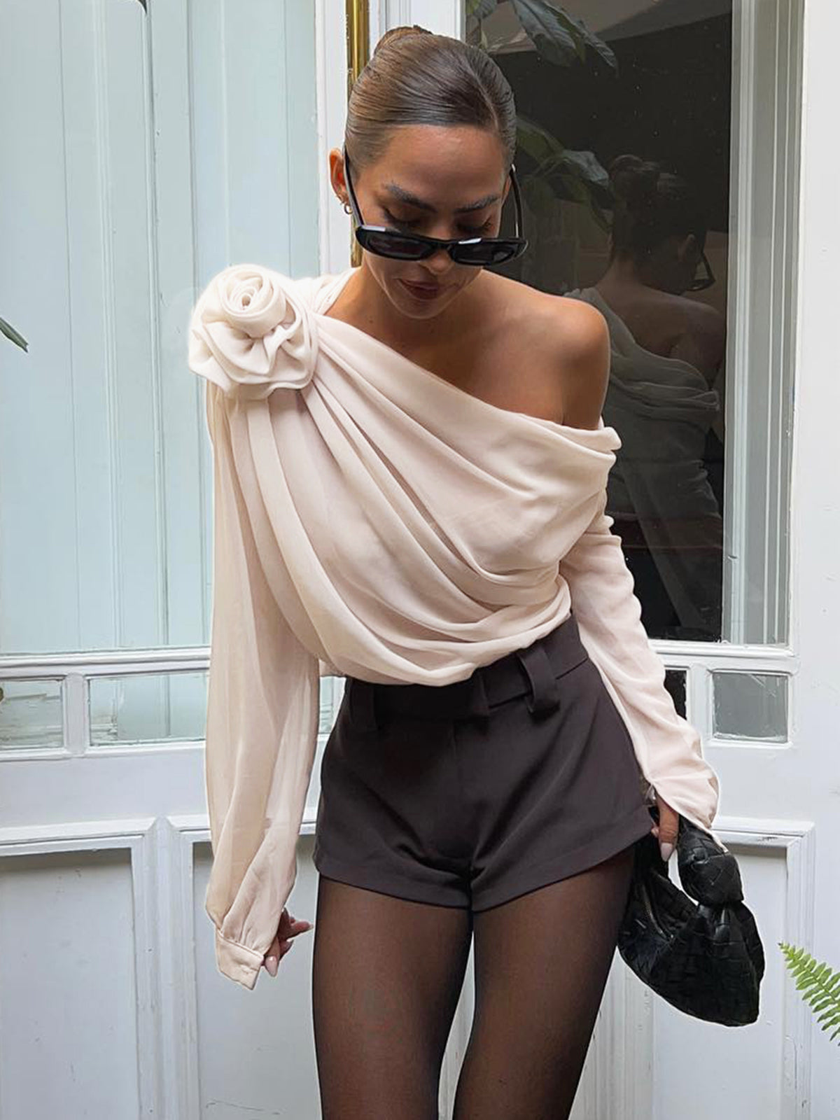 Asymmetrical One-Shoulder Chiffon Blouse