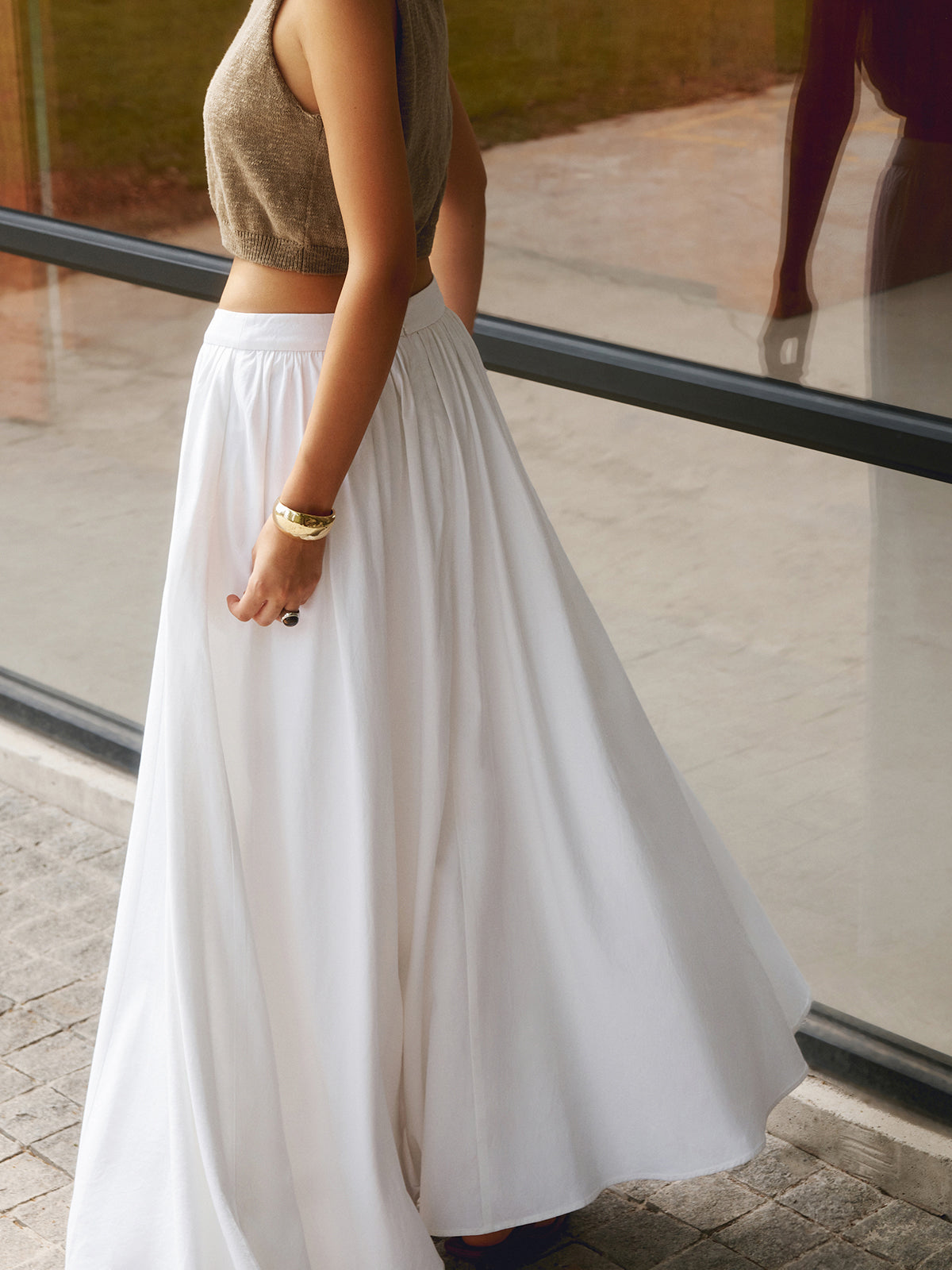 High-Waist Linen Blend Pleated Maxi Skirt