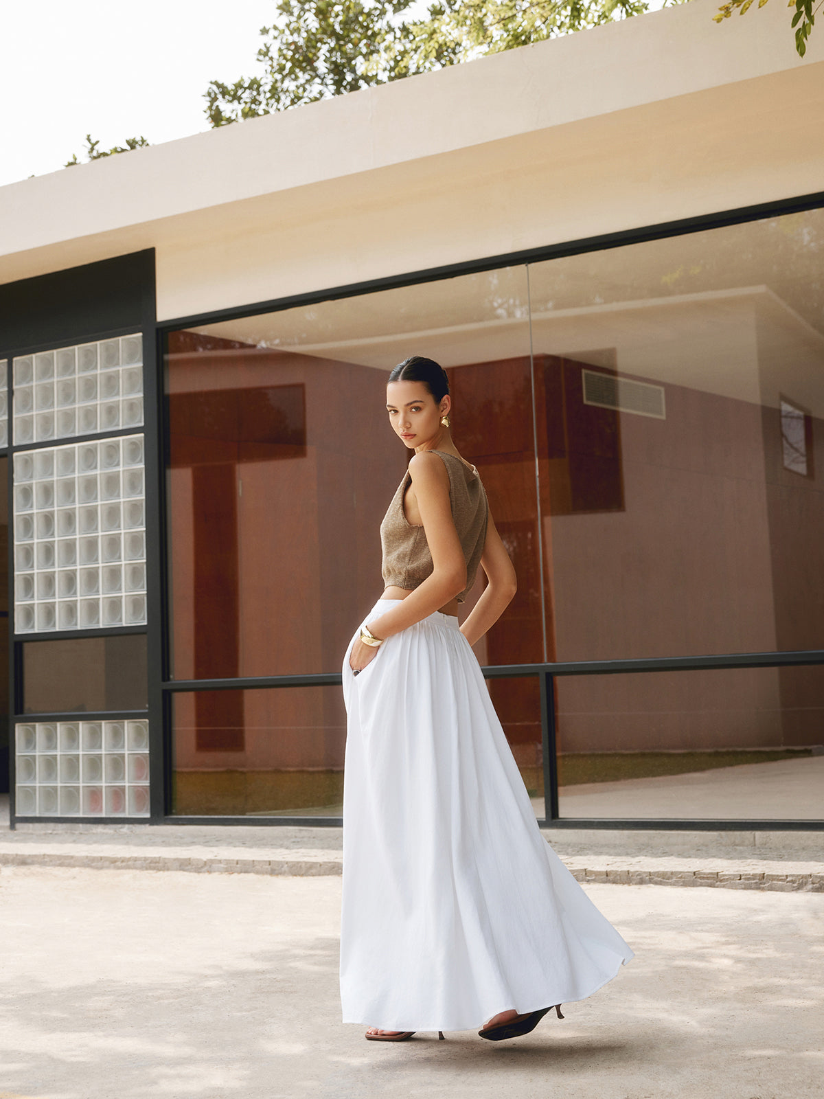 High-Waist Linen Blend Pleated Maxi Skirt