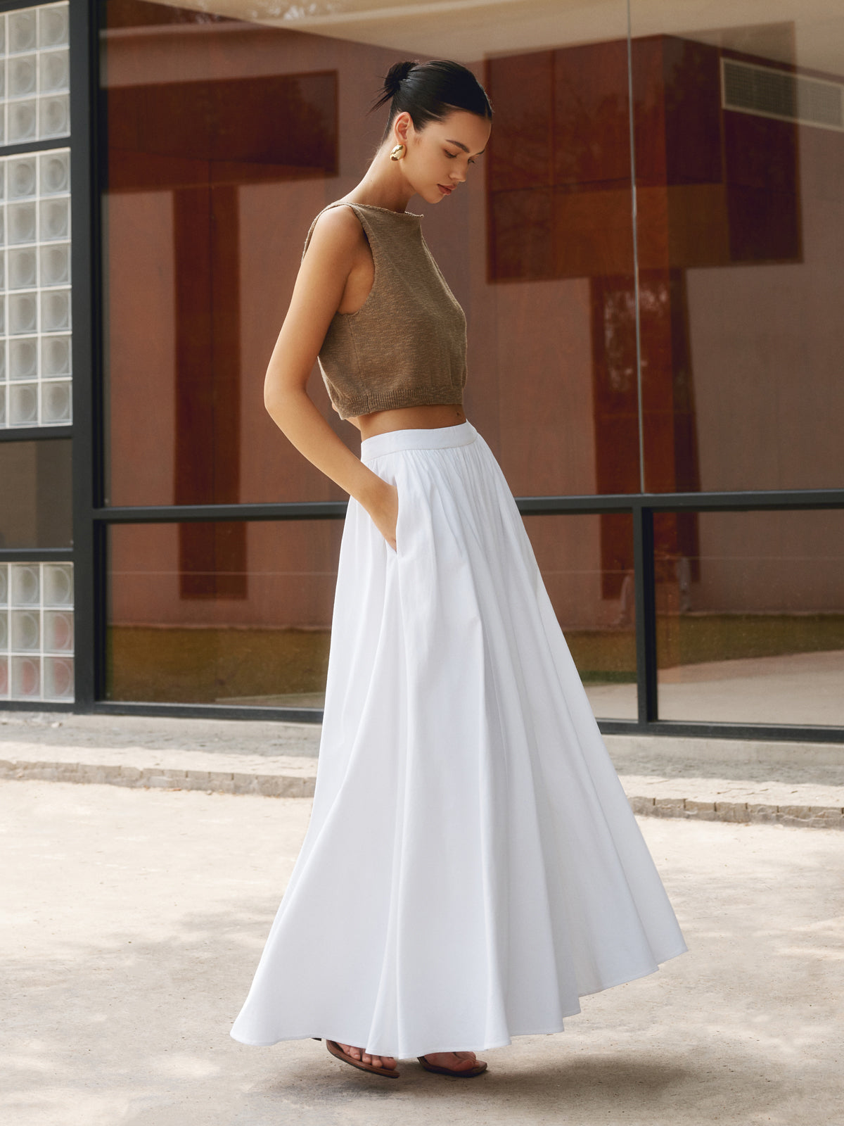 High-Waist Linen Blend Pleated Maxi Skirt