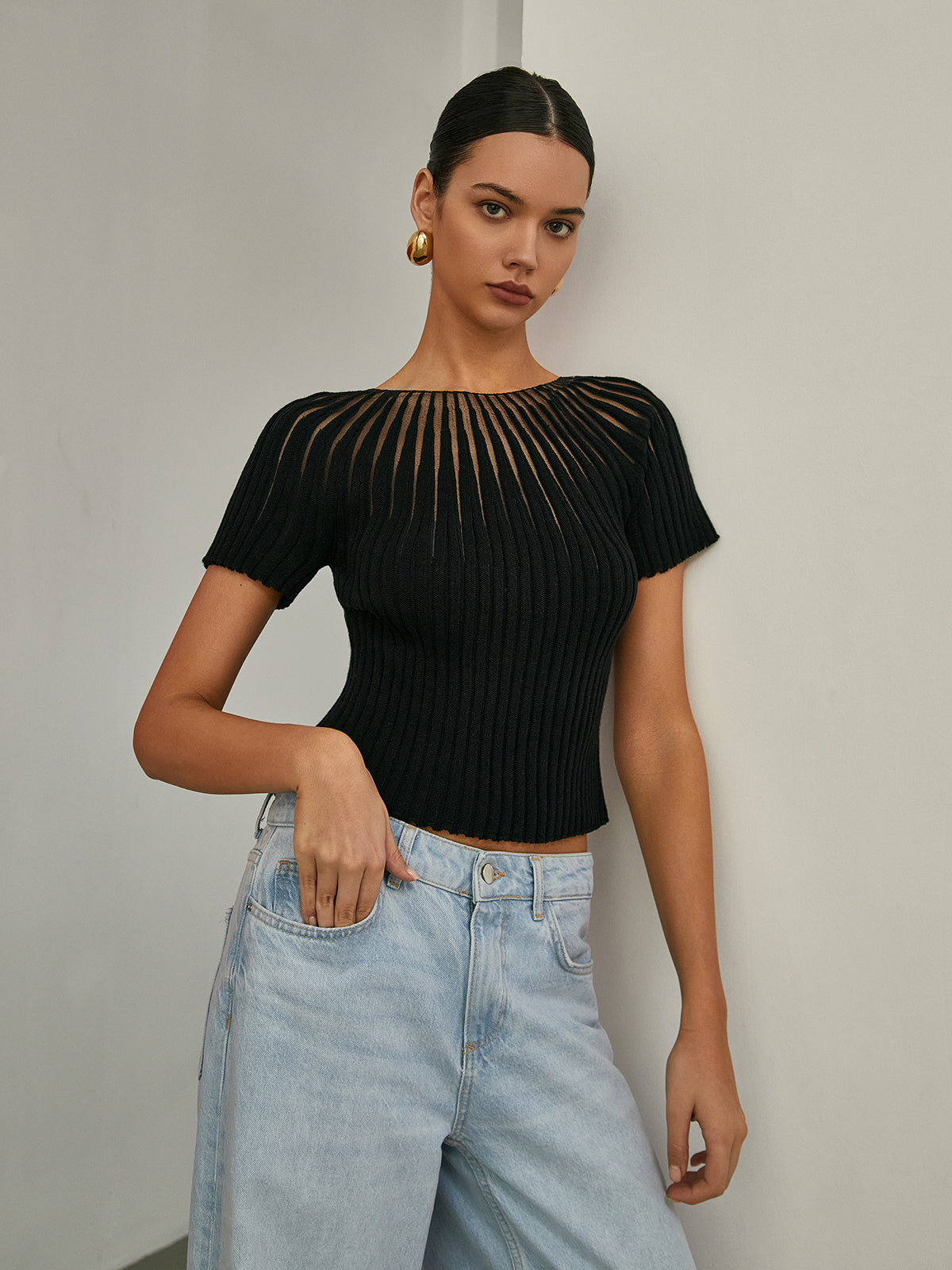 Semi-Sheer Short Sleeve Knit Top