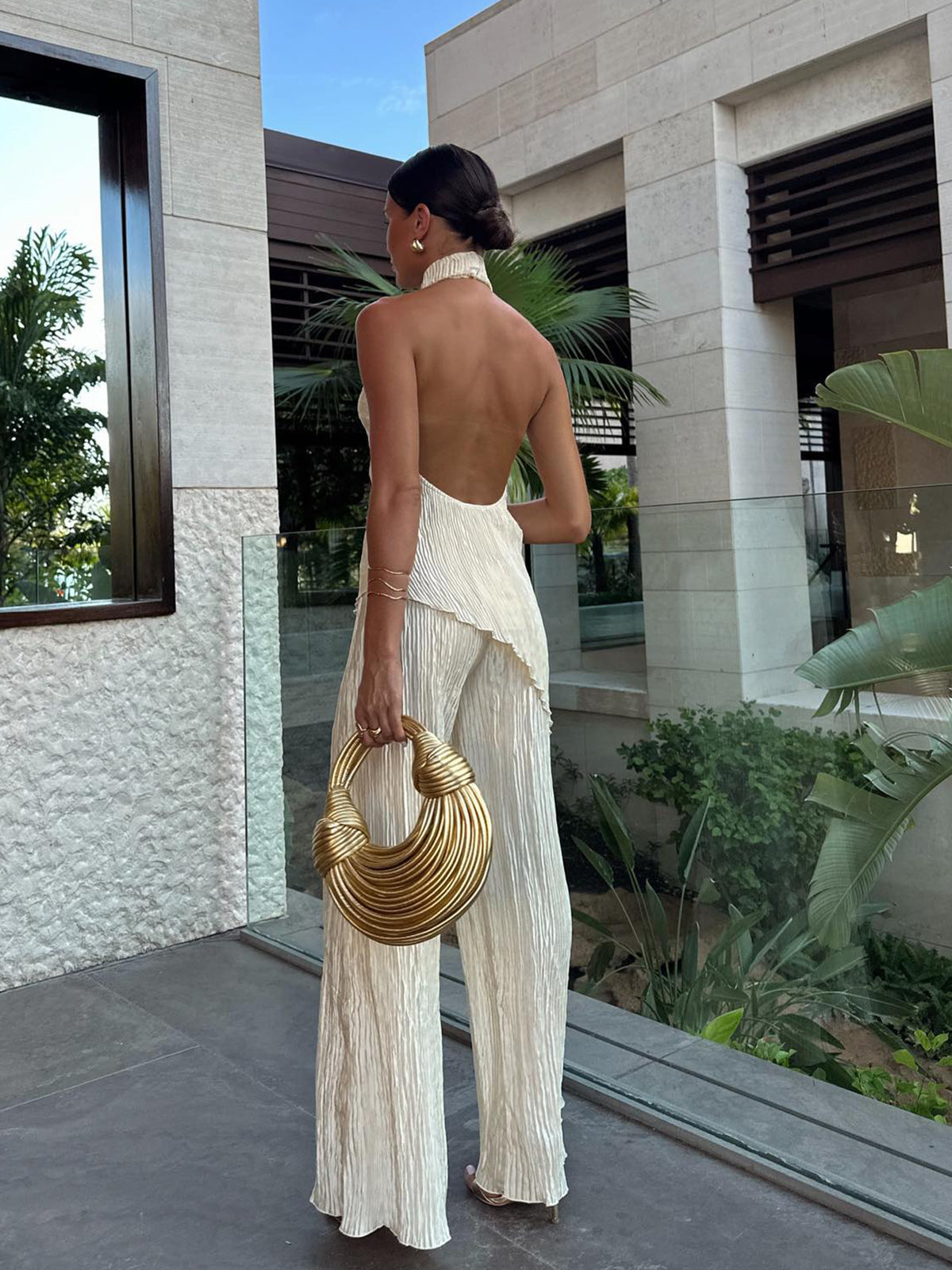 Satin Asymmetric Halter Top & Wide-Leg Pants Co-Ord Set