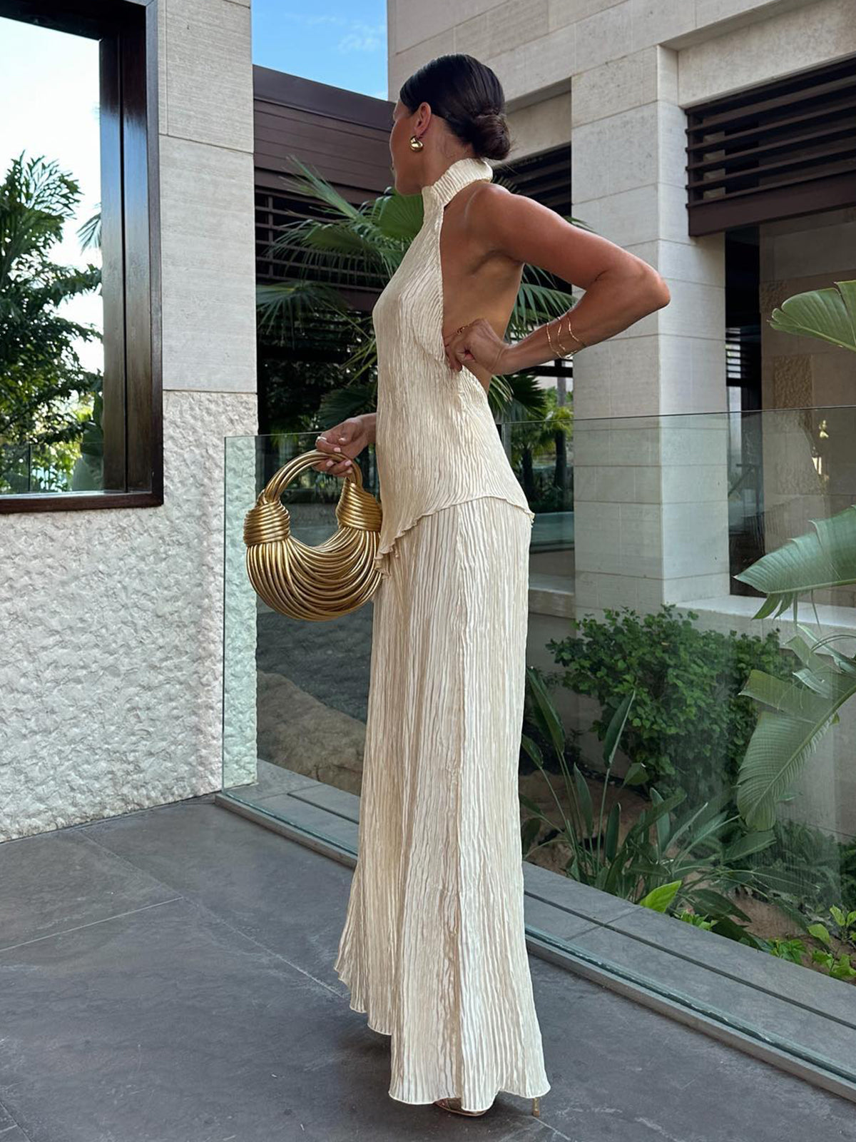 Satin Asymmetric Halter Top & Wide-Leg Pants Co-Ord Set
