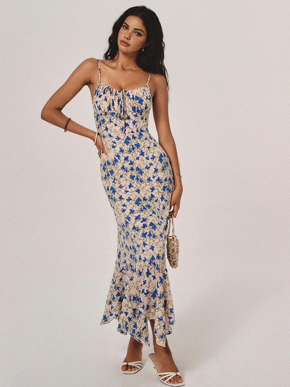 Floral Knot Detail Asymmetrical Maxi Dress