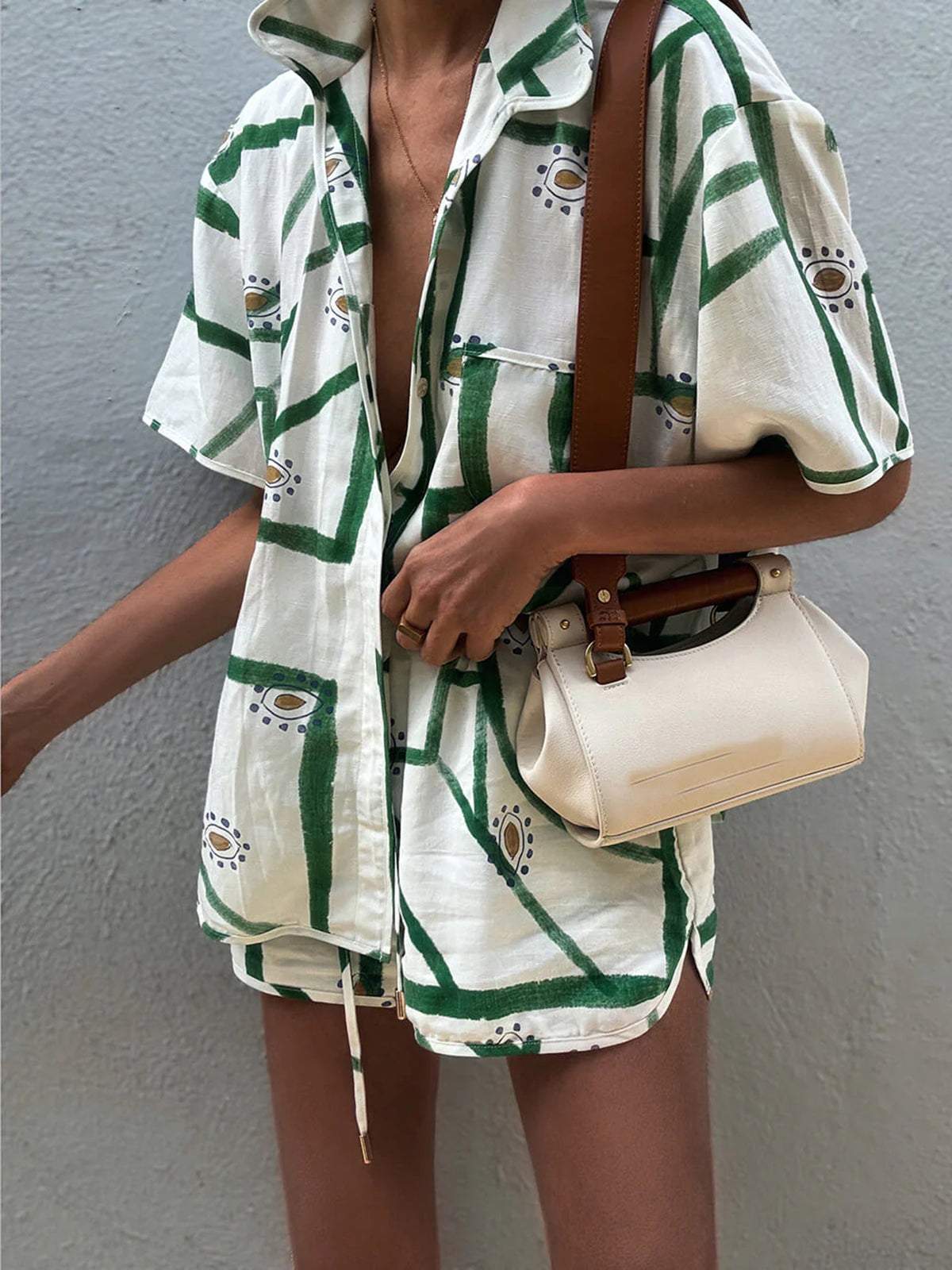 Linen Blend Printed Lounge Shorts Set