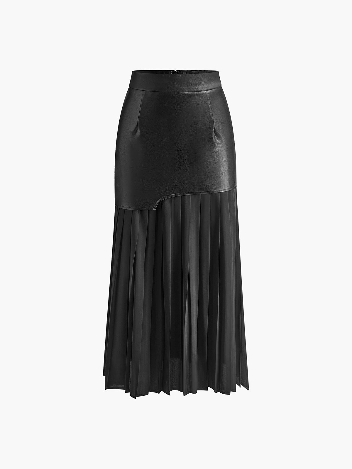 Asymmetric Faux Leather Chiffon Pleated Maxi Skirt