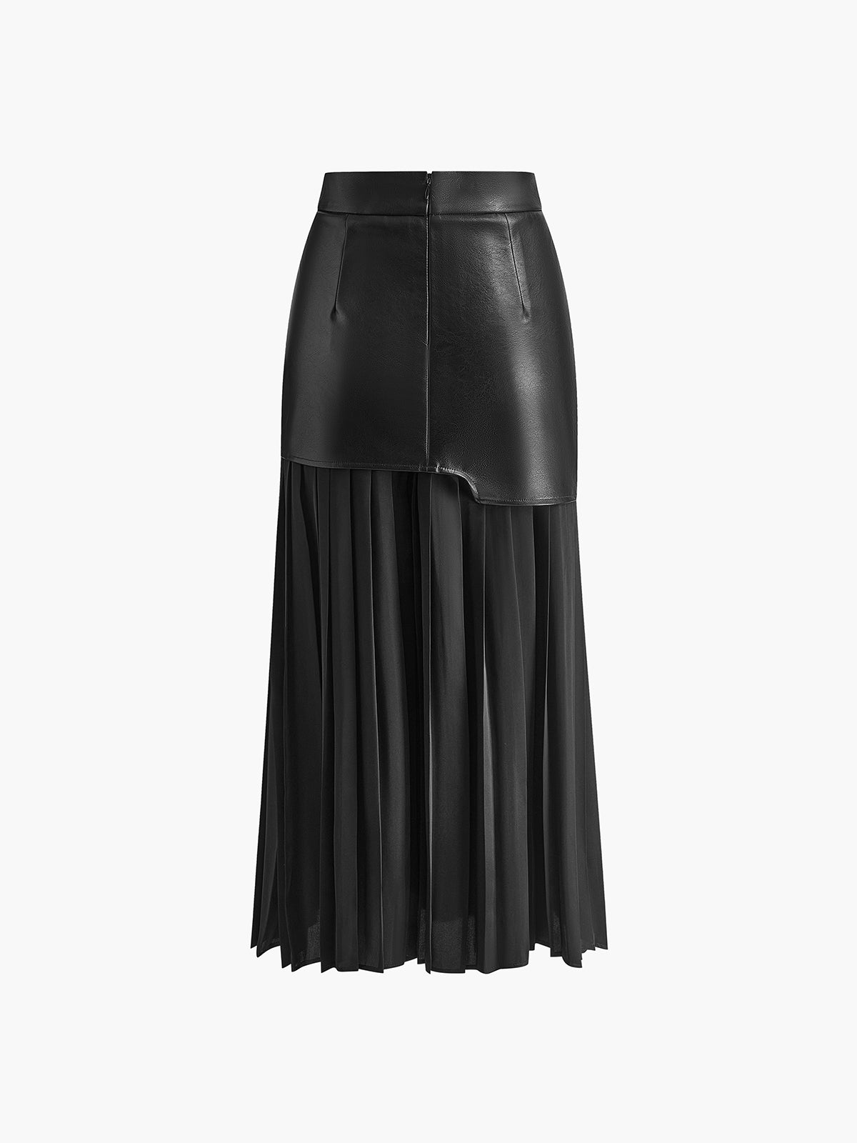 Asymmetric Faux Leather Chiffon Pleated Maxi Skirt