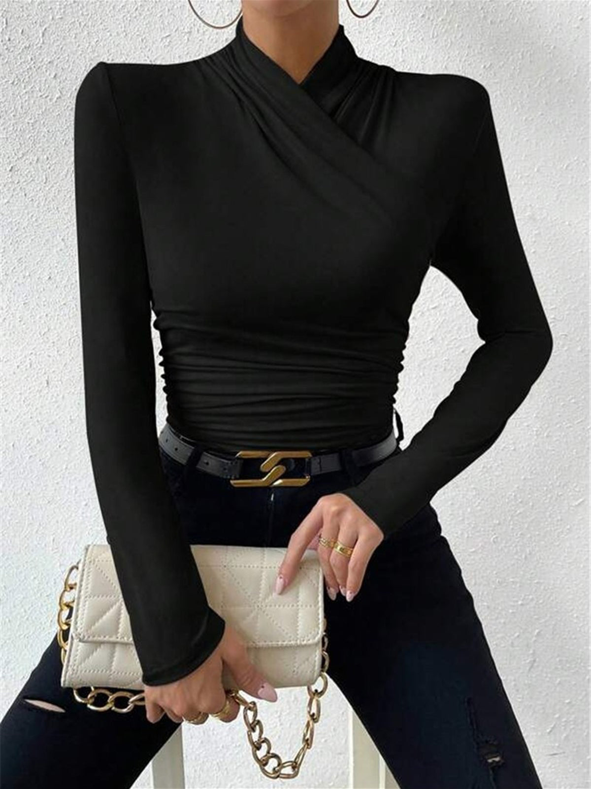Draped Collar Pleated Waist T-Shirt
