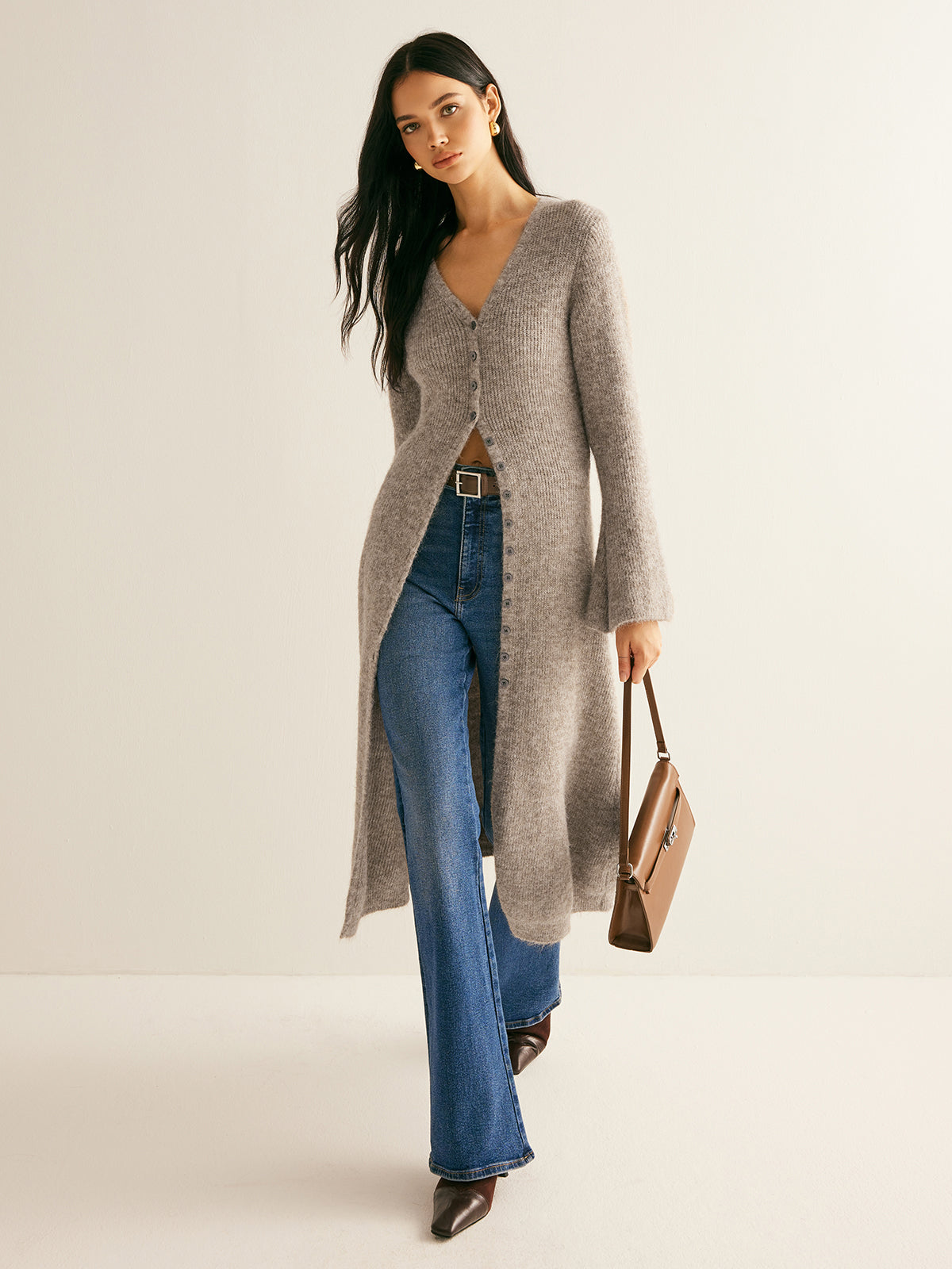Button Front V-Neck Knit Midi Dress