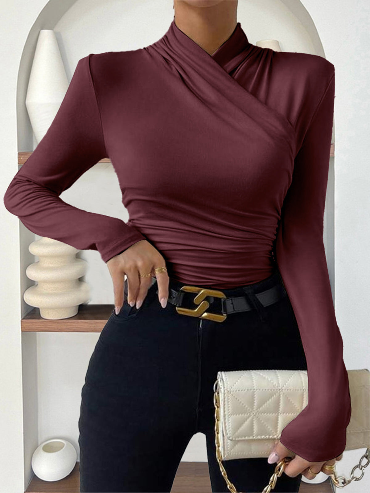Draped Collar Pleated Waist T-Shirt