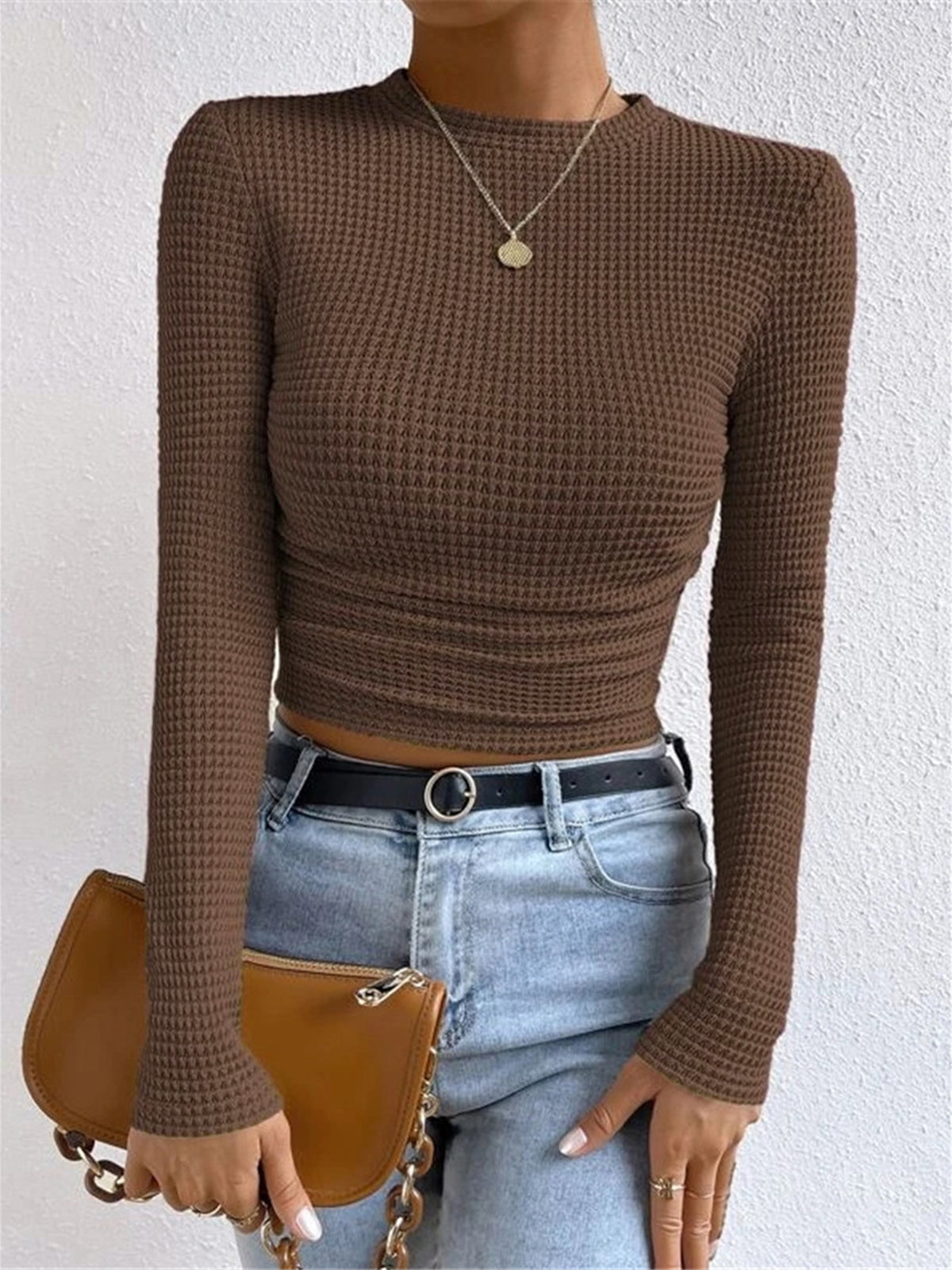 Waffle Knit Slim Fit Crew Neck Top