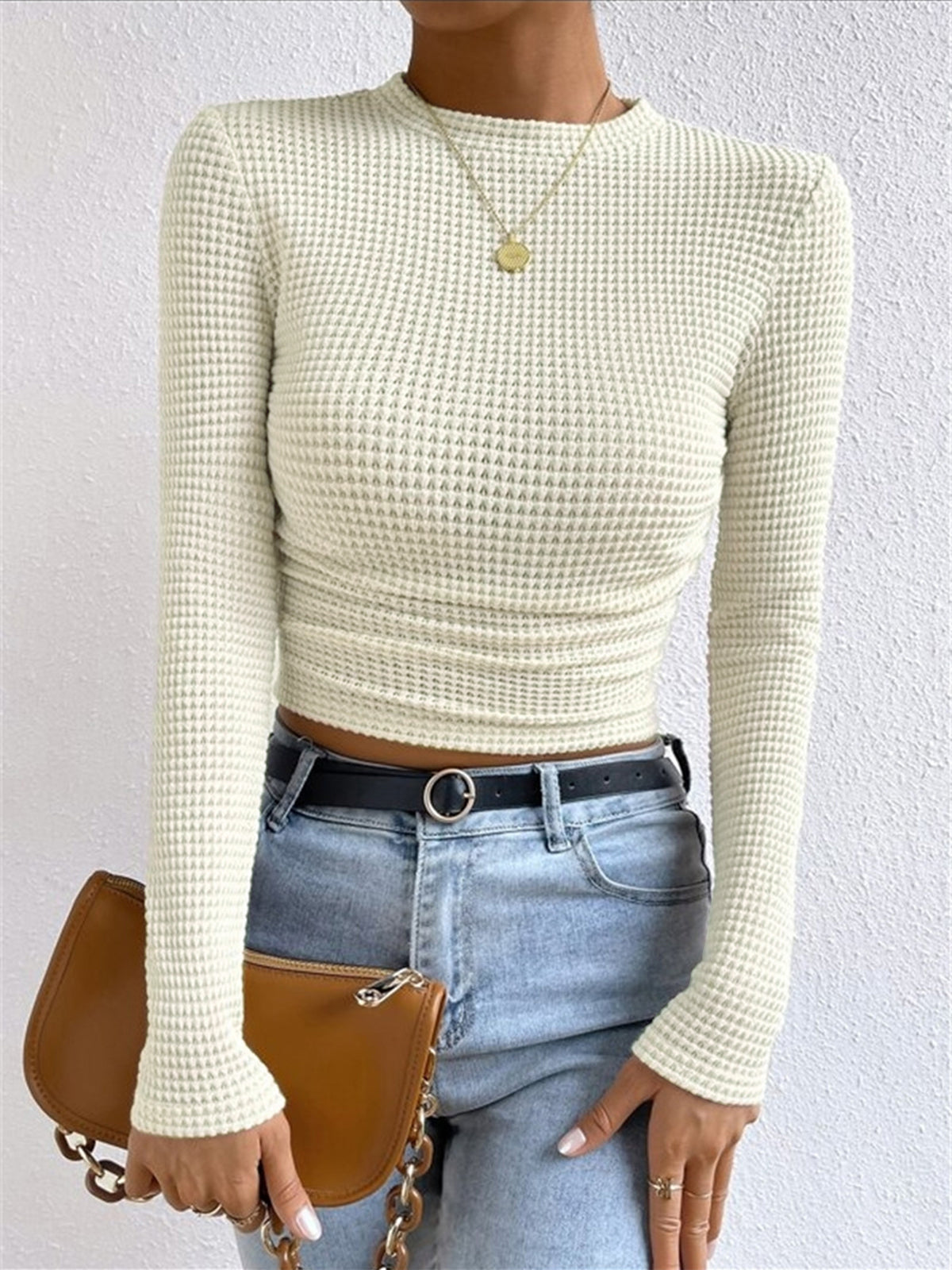 Waffle Knit Slim Fit Crew Neck Top