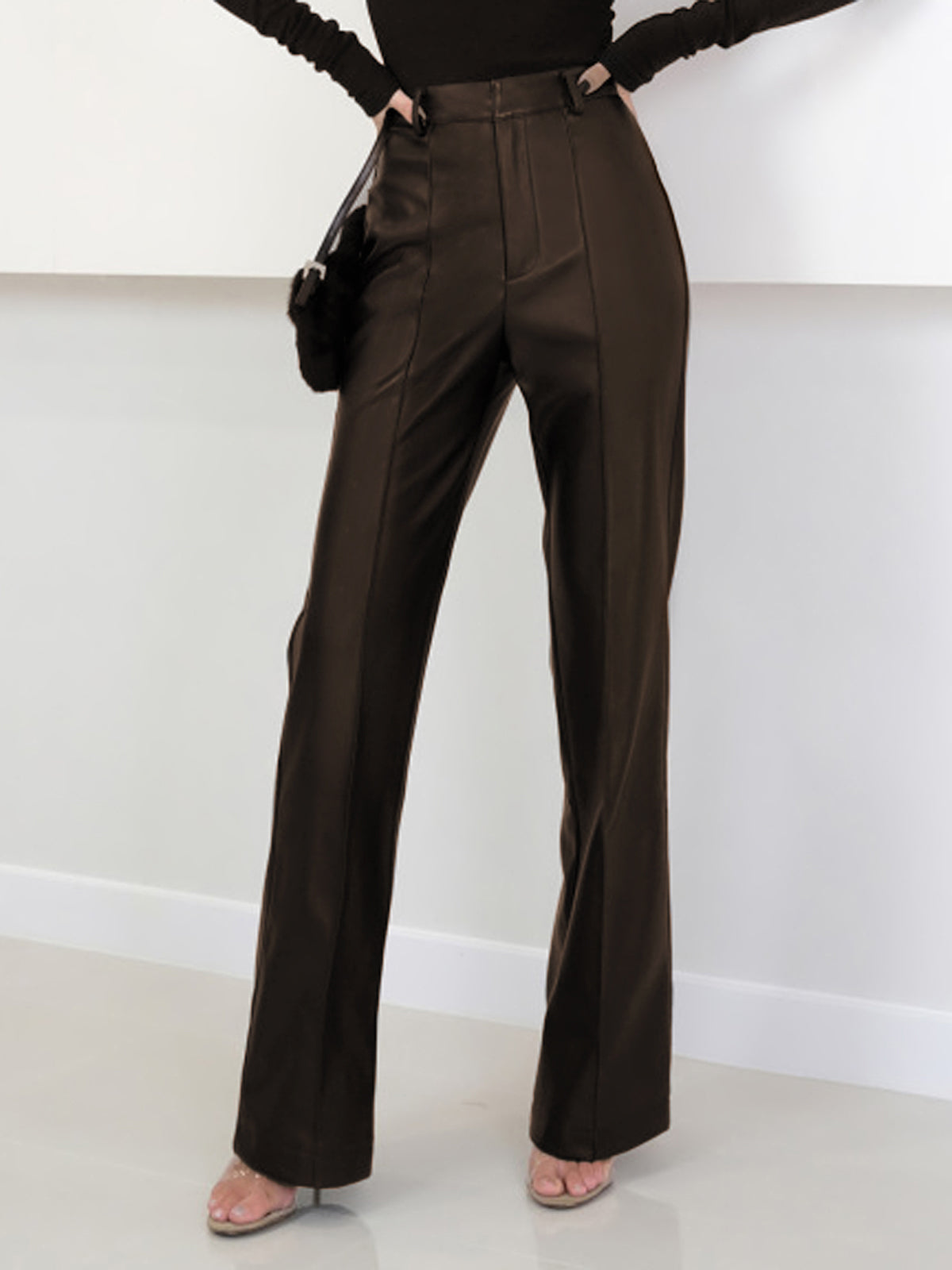 High-Waist Faux Leather Regular Fit Trousers