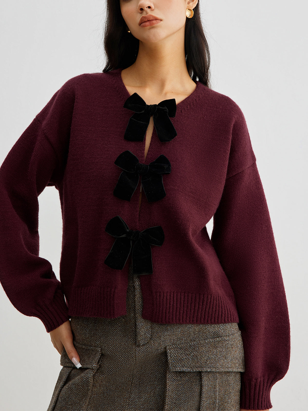 Velvet Bow Puff Sleeve Knit Sweater