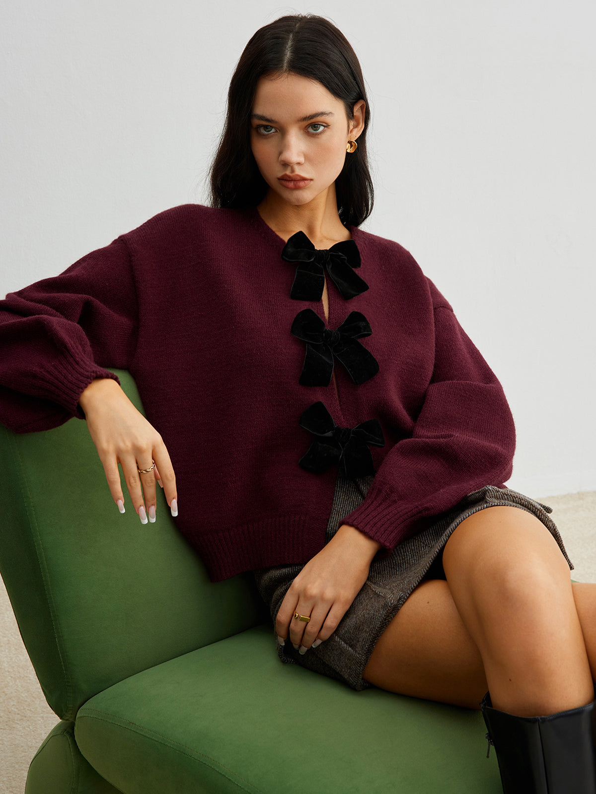 Velvet Bow Puff Sleeve Knit Sweater